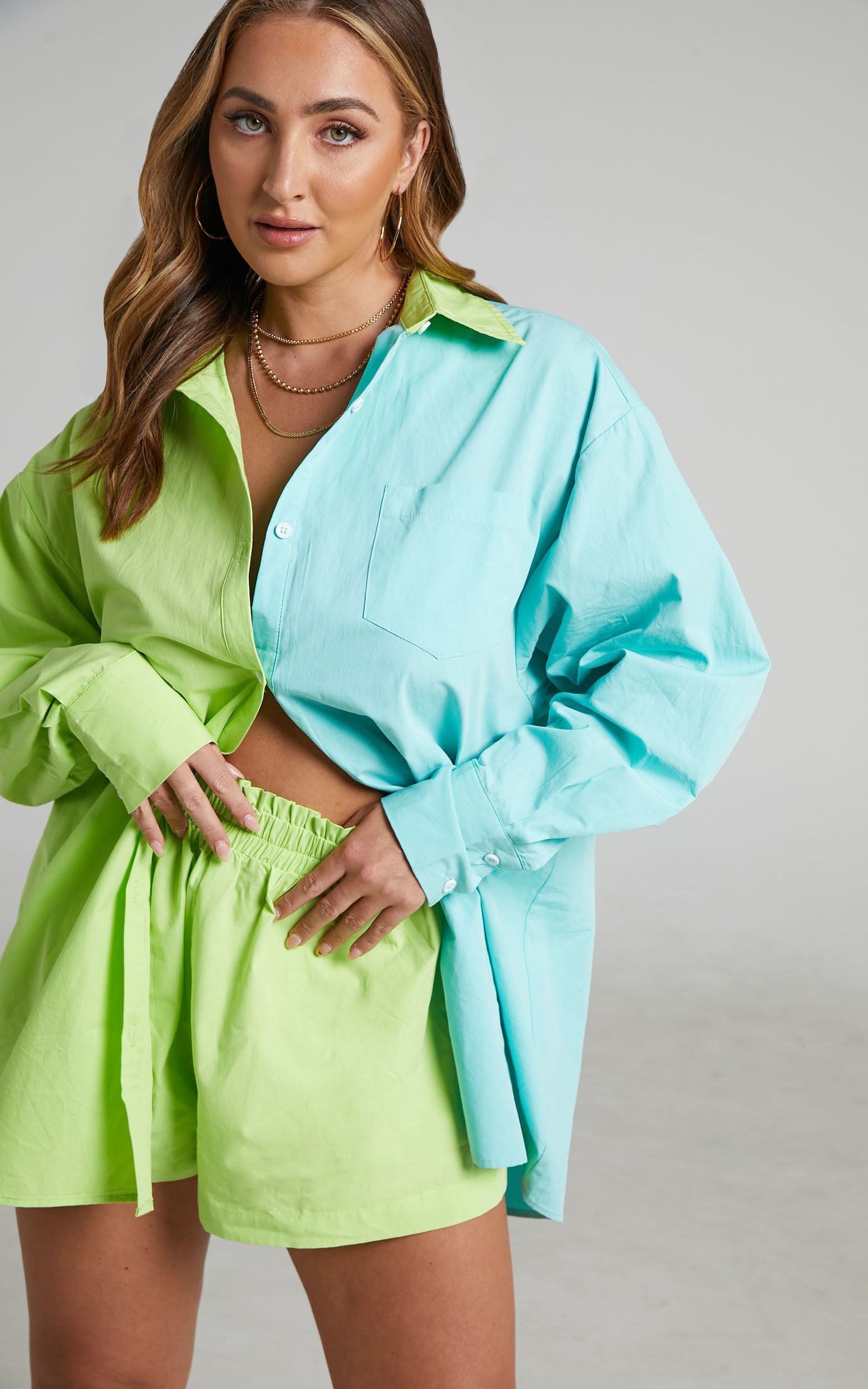 Roewe Colour Block Oversized Button Up Shirt in Lime & Seafoam - 04, GRN1, hi-res image number null