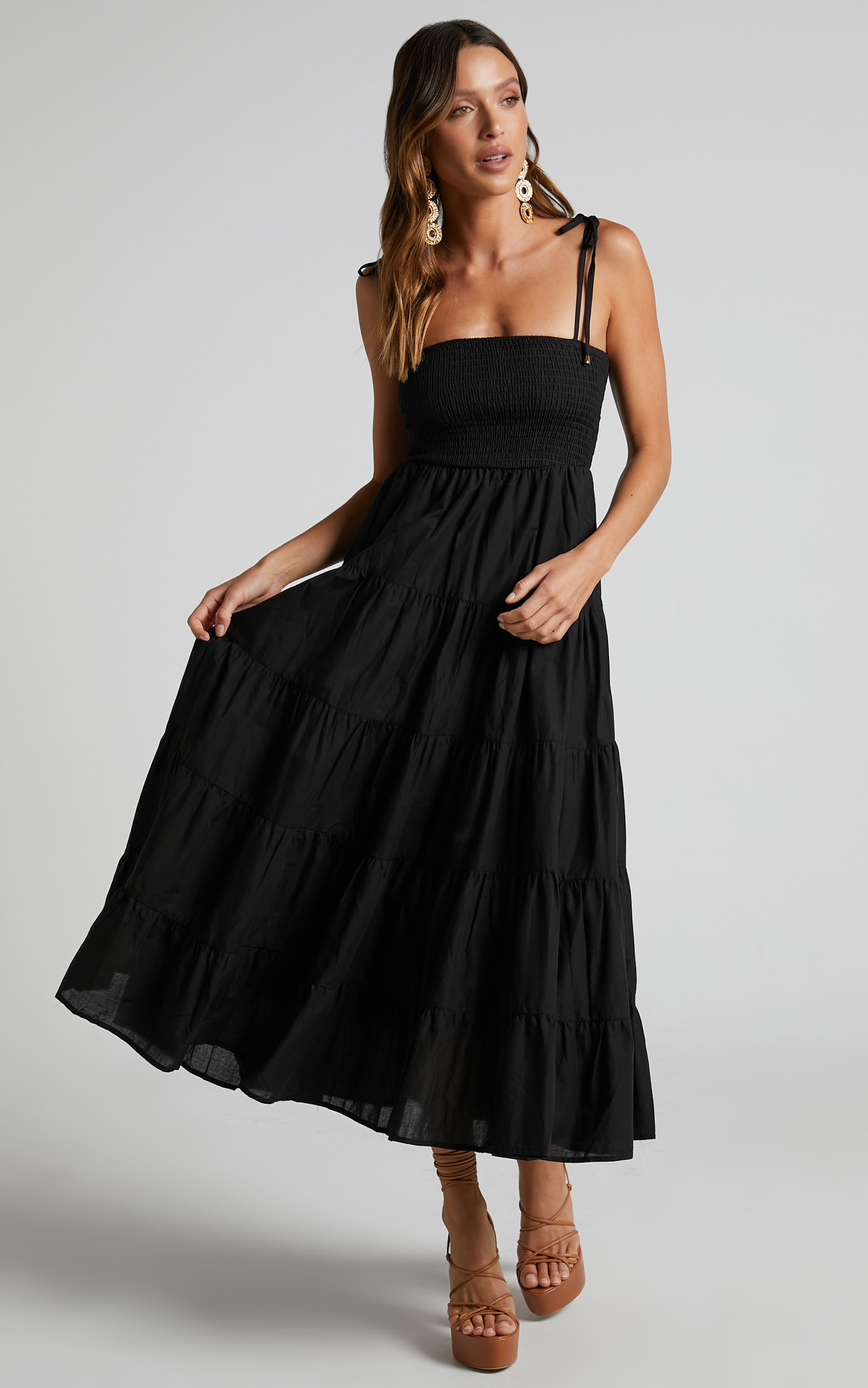 Ayla Midi Dress - Tie Up Strap Tiered Dress in Black | Showpo