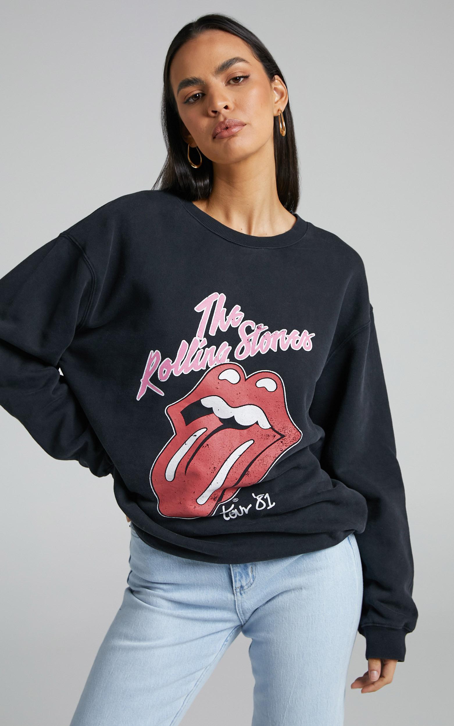 Universal Music - Rolling Stones Crew Neck Sweater in Washed Black - M/L, BLK1, hi-res image number null