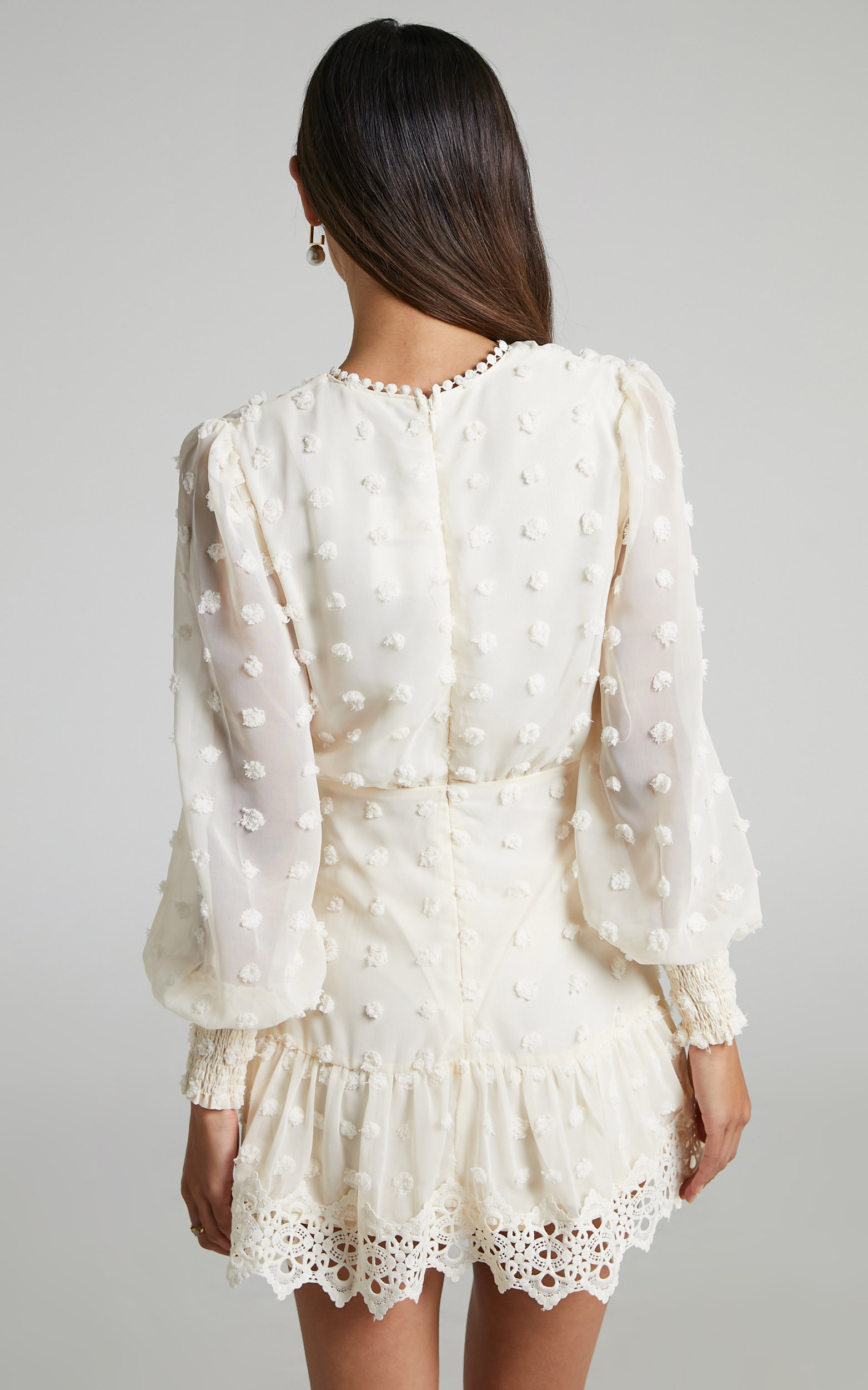 Meihna Mini Dress - Lace Detail Long Sleeve Dress in Cream | Showpo USA