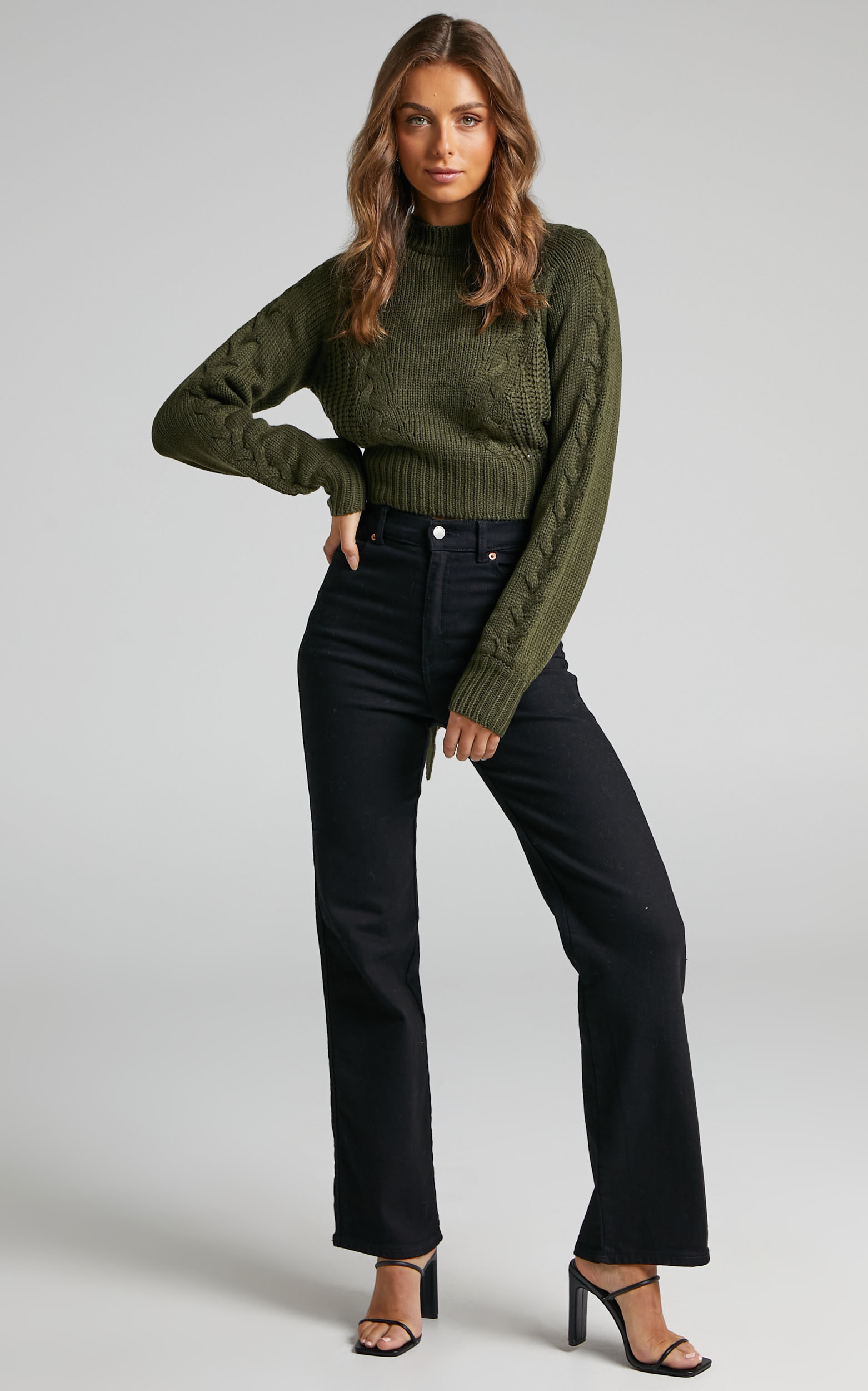 Maue long sleeve open back knit top in Khaki - 06, GRN1, hi-res image number null