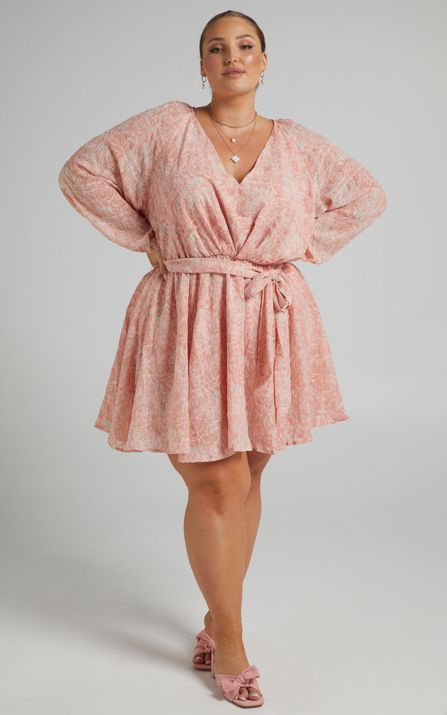 Raven Long Sleeve Mini Dress with Belt in Pink Floral - 04, PNK1, hi-res image number null