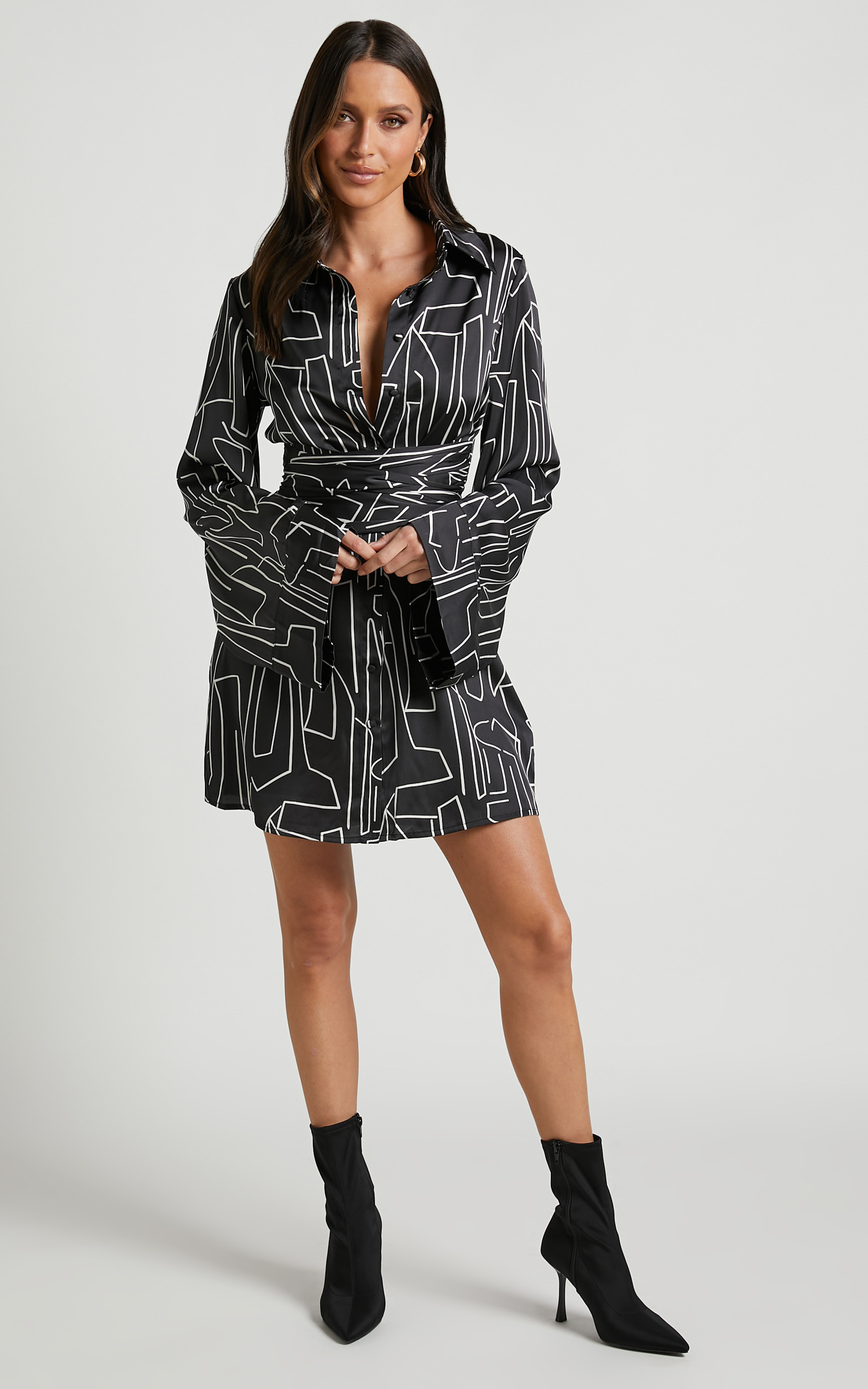 Janissa Long Sleeve Shirt Dress in Black and White Linear | Showpo USA