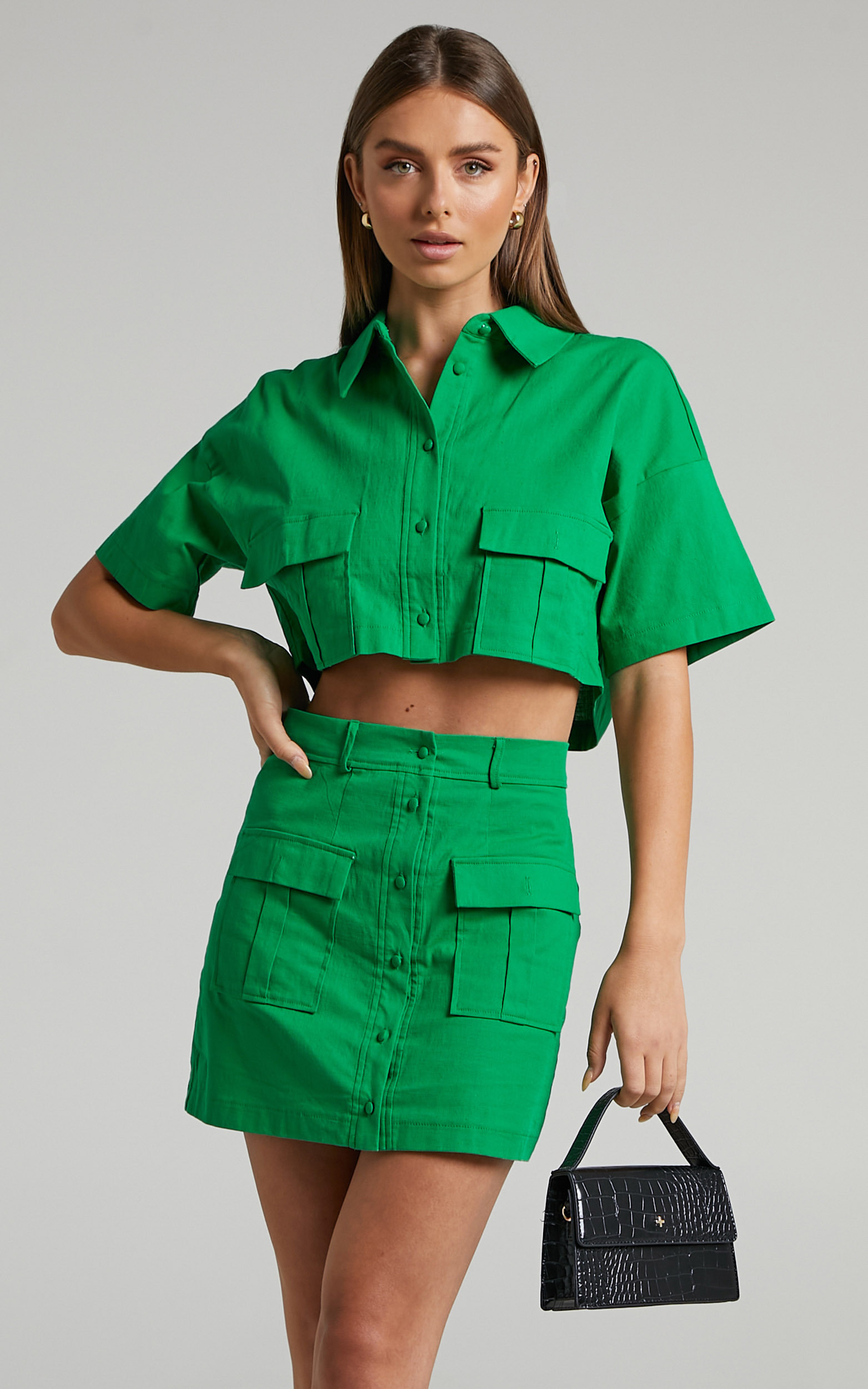 Navine Button Front Crop Top and Cargo Pocket Mini Skirt Two Piece Set in Green - 04, GRN1, hi-res image number null