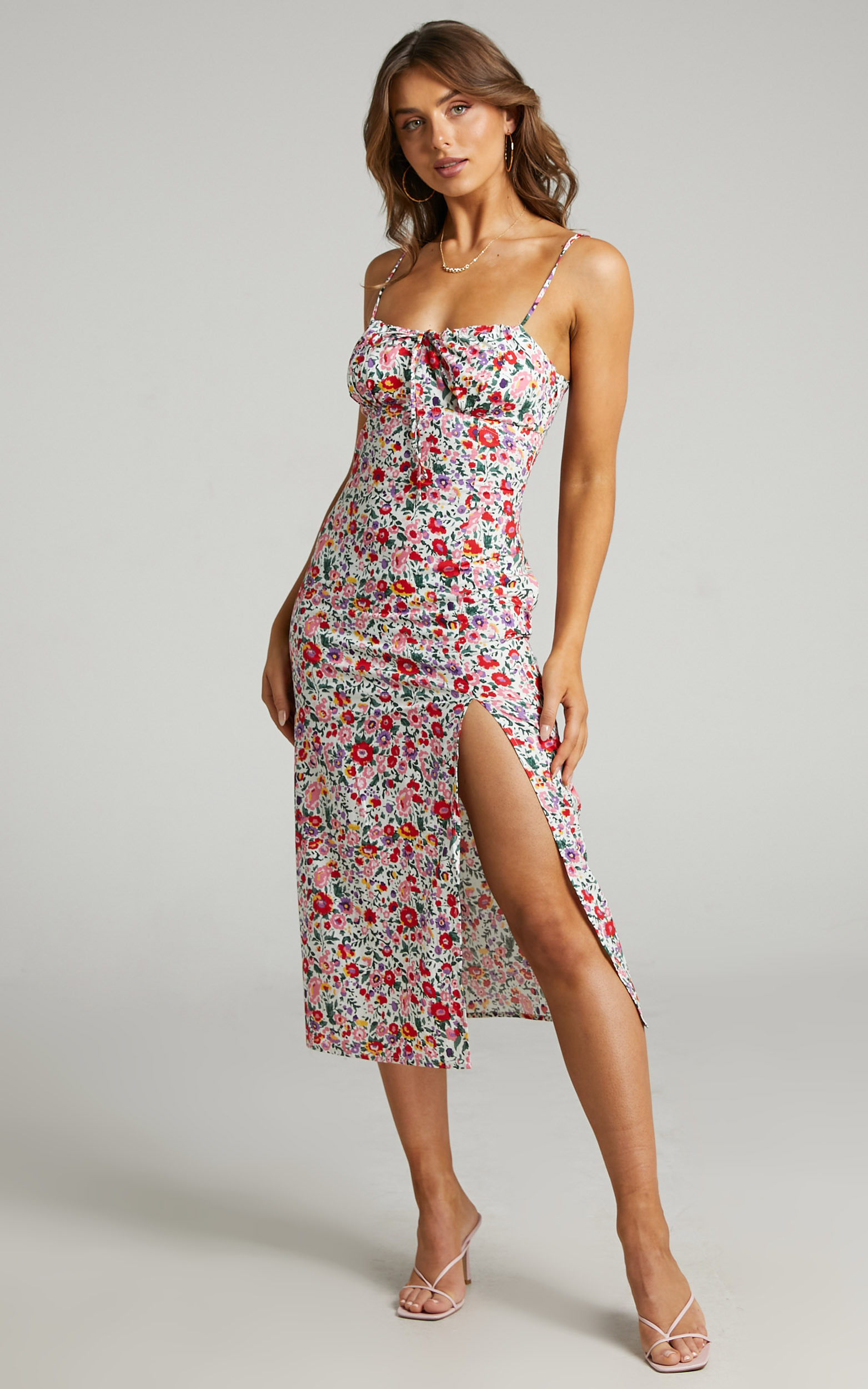 Misty Tie Up Front Midi Dress in White Floral - 06, WHT1, hi-res image number null