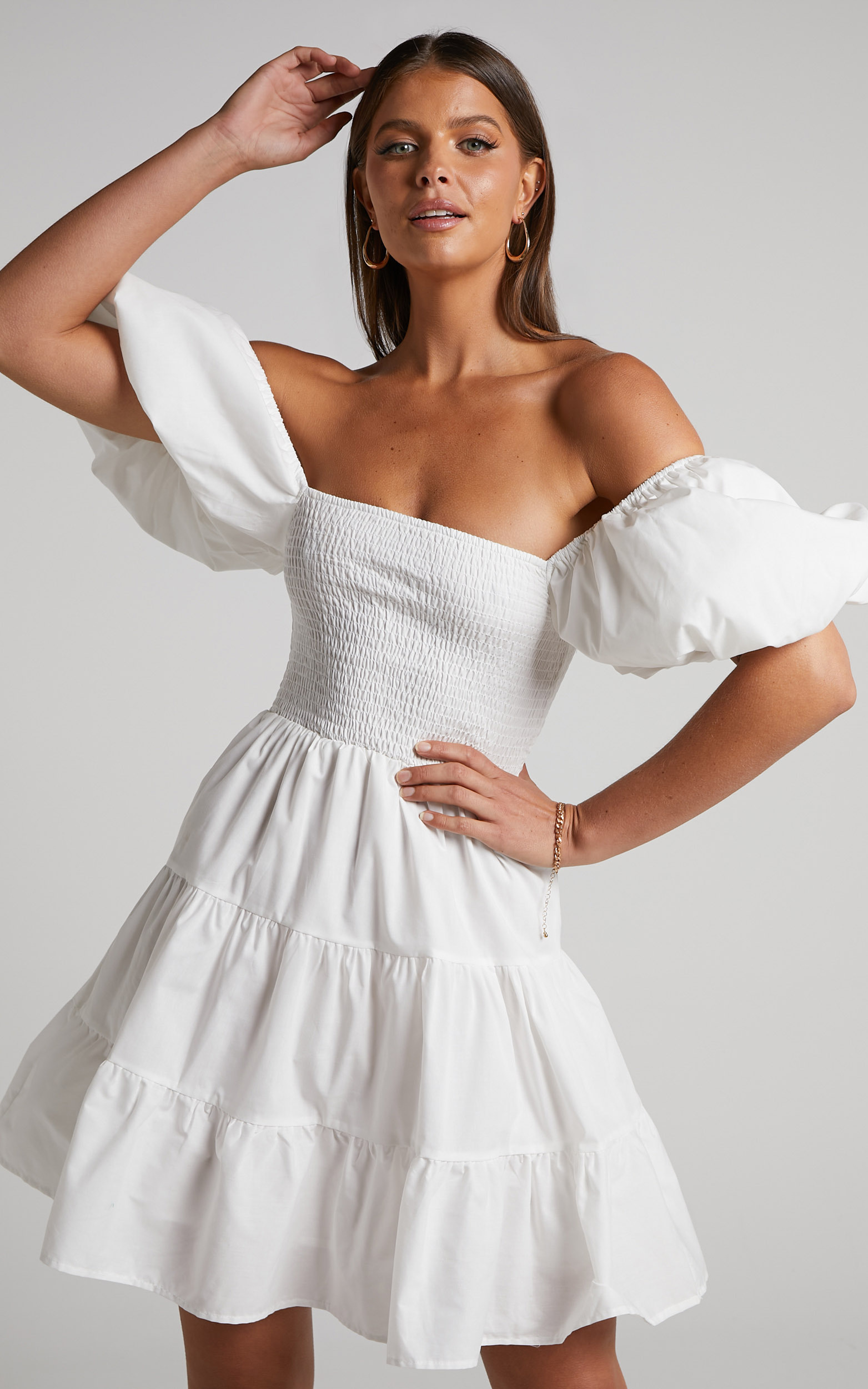 Emilia Mini Dress - Shirred Bodice Puff Sleeve Tiered Dress in White - 06, WHT1, hi-res image number null