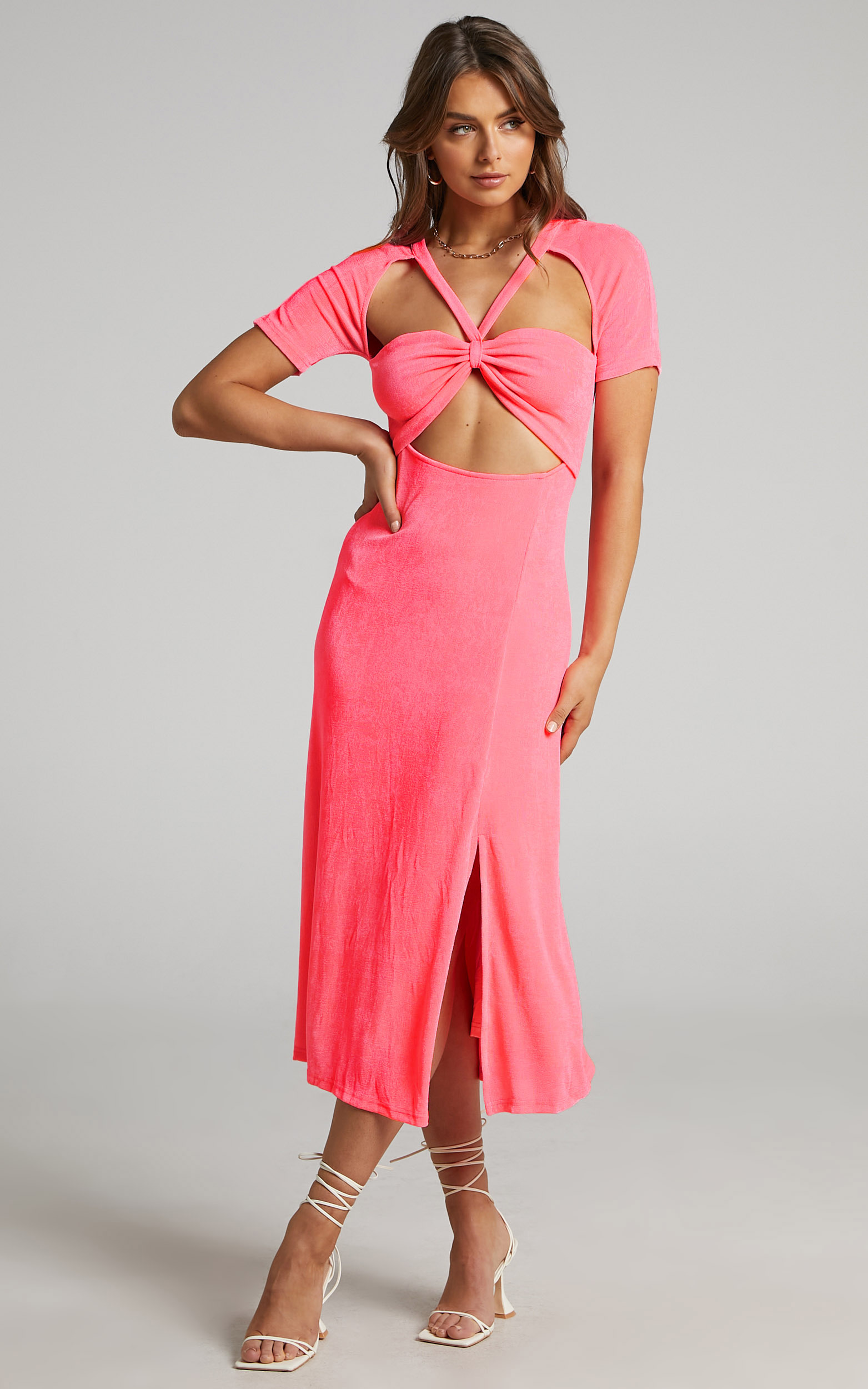 Lyanna Cut Out Midi Dress in Neon Pink - 06, PNK2, hi-res image number null