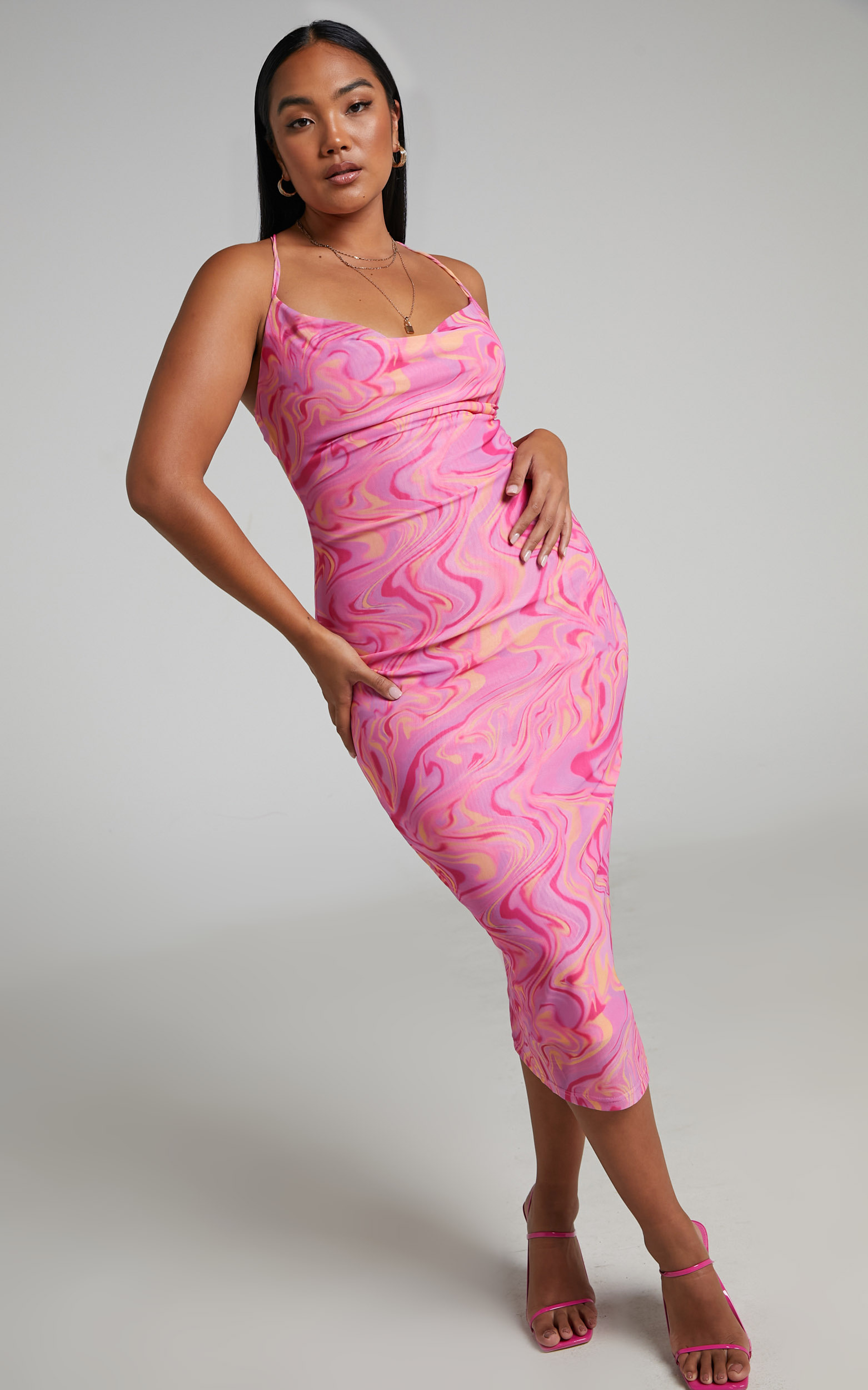 Helga Cowl Neck Ruched Midi Dress in Mesh in Pink Swirl | Showpo