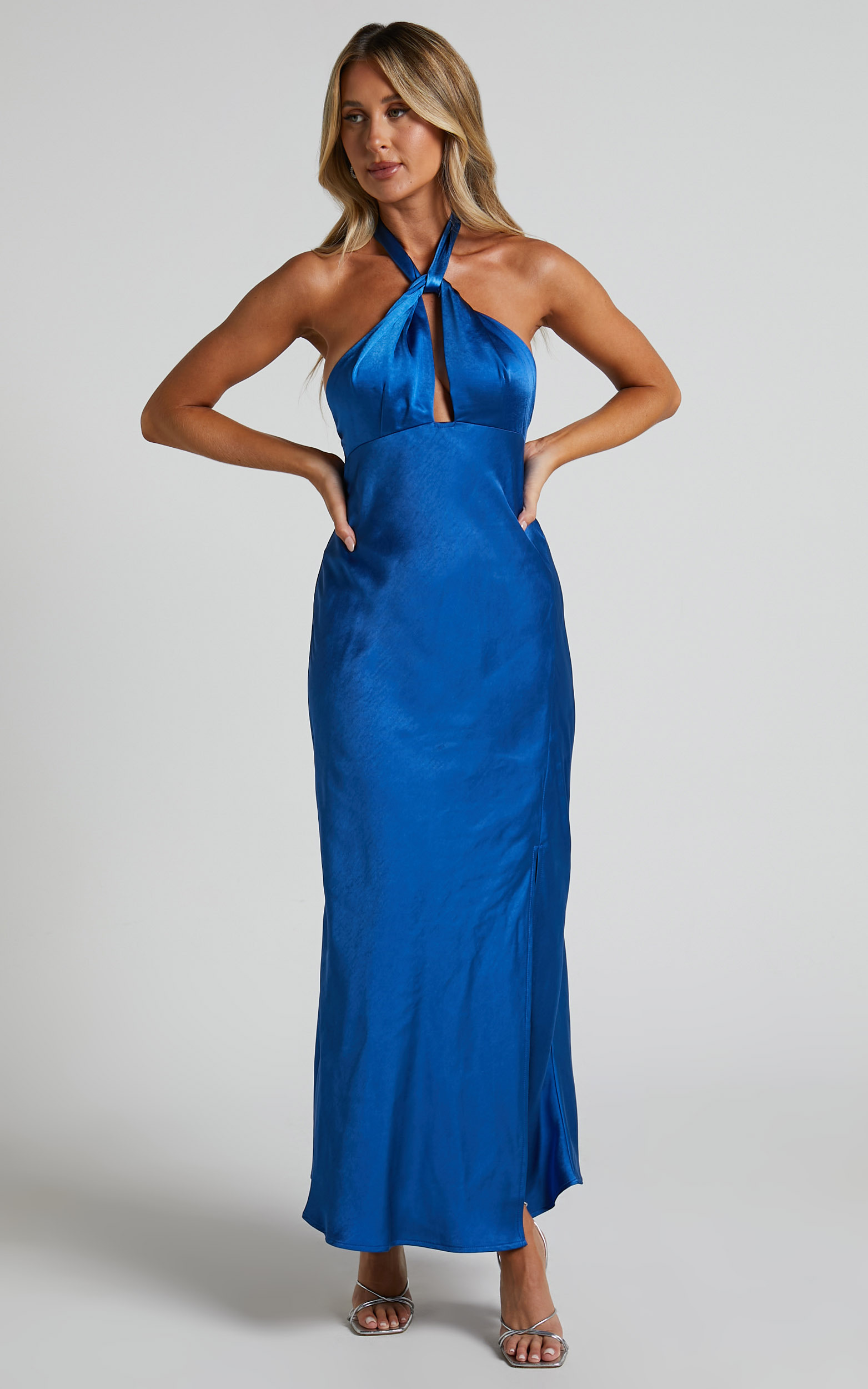 Clarabelle Halter Neck Thigh Slit Midi Dress in Cobalt Blue | Showpo