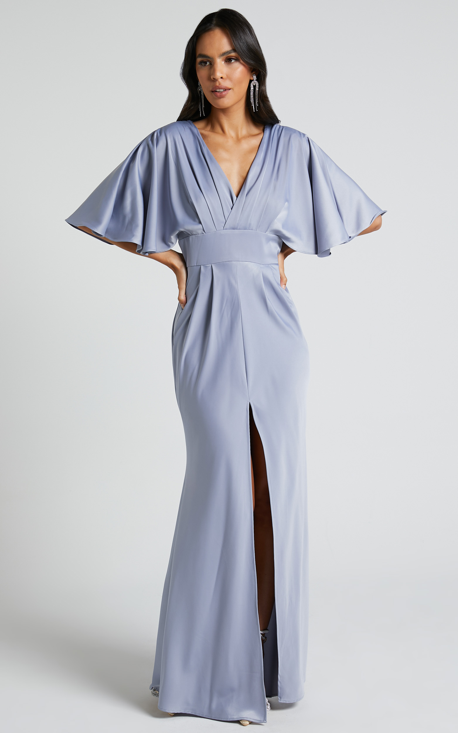 Gemalyn Maxi Dress - Angel Sleeve V Neck Split Dress in Sky Blue - 04, BLU2, hi-res image number null