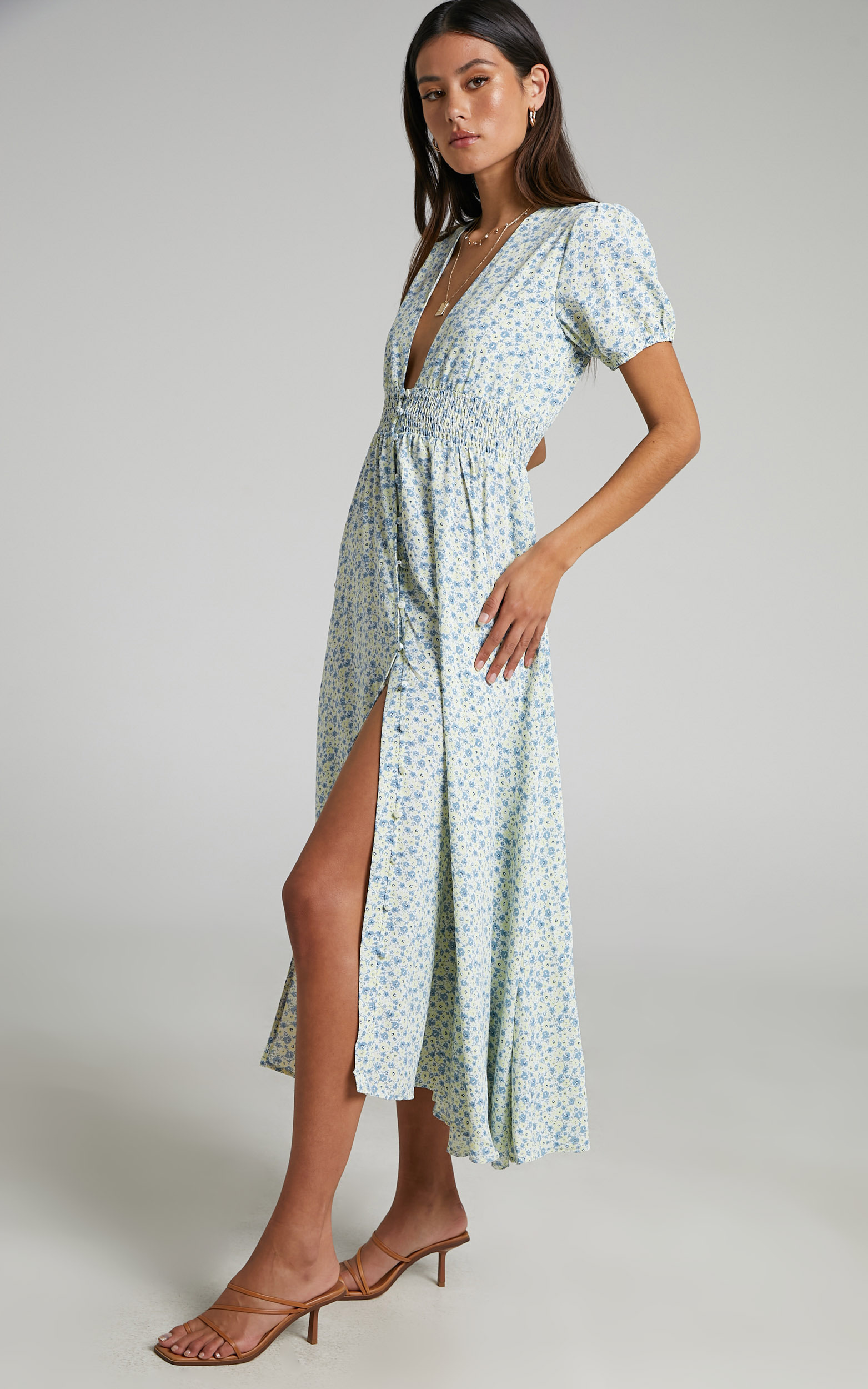 Elenita Short Sleeve Shirred Waist Maxi Dress in Light Blue Floral - 04, YEL1, hi-res image number null