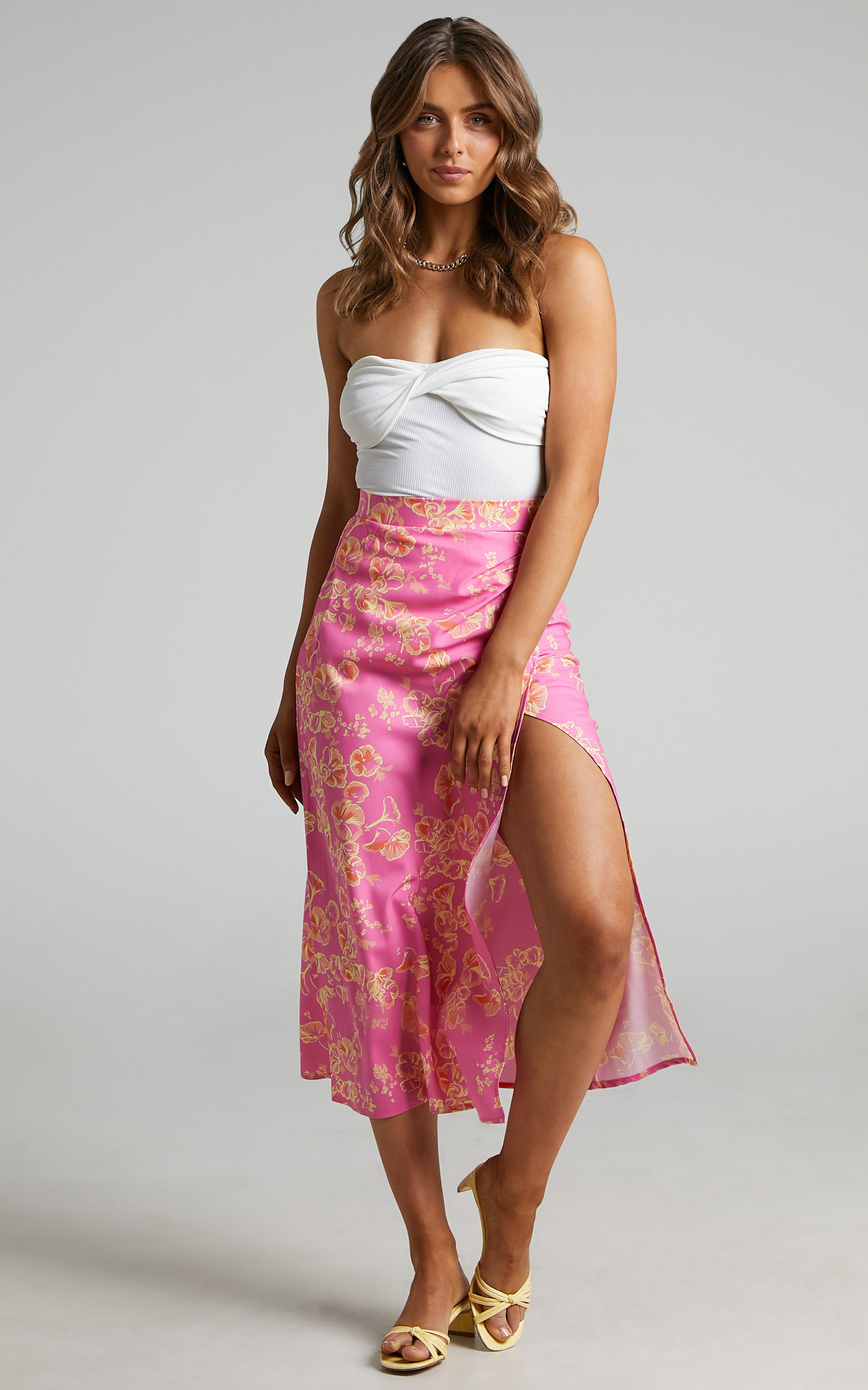 Giannina Midi Skirt with Thigh Split in Floral Fantasia - 06, PNK1, hi-res image number null