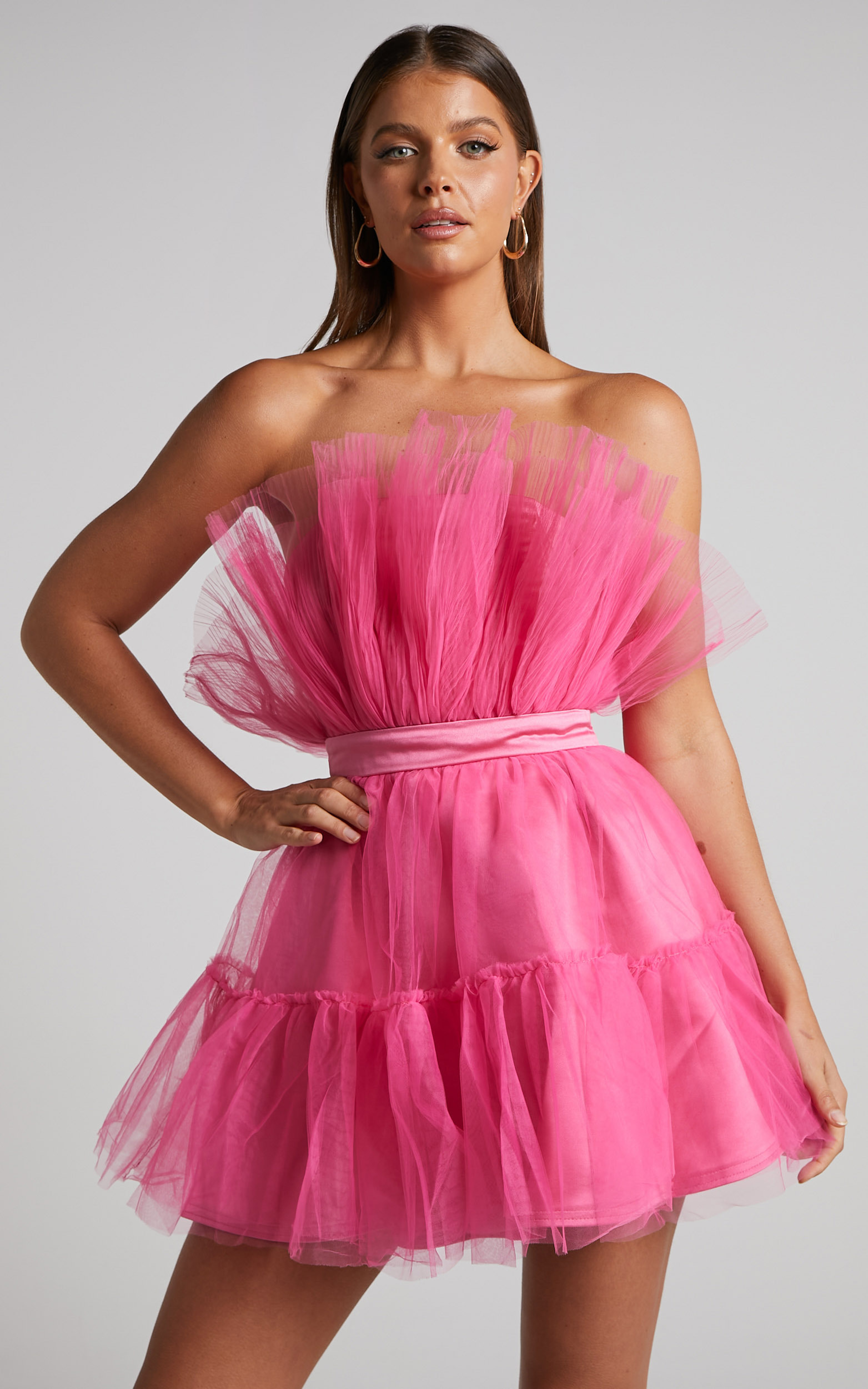 Amalya Mini Dress - Tiered Tulle Fit and Flare Dress in Hot Pink - 04, PNK2, hi-res image number null