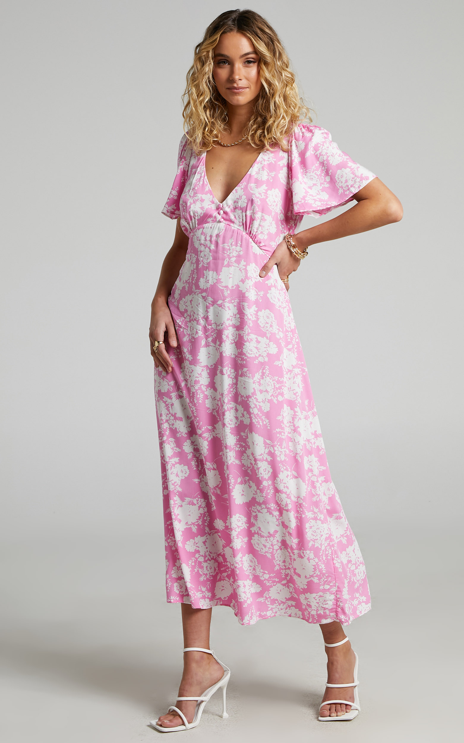 Ranella Button Front Midi Dress in Pink Floral - 06, PNK1, hi-res image number null