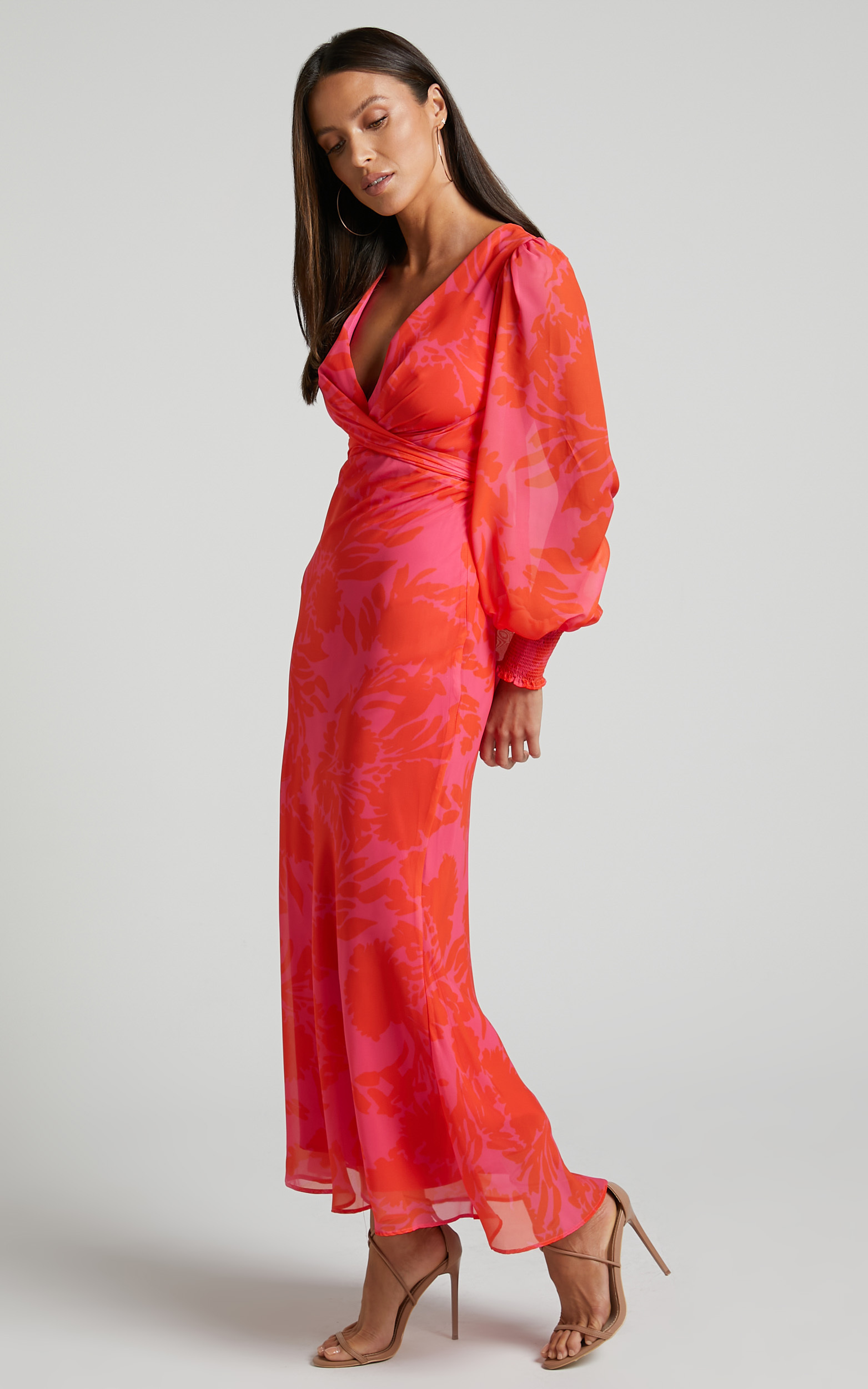 Zara V Neck Long Sleeve Midi Slip Dress in Pink Floral Showpo USA