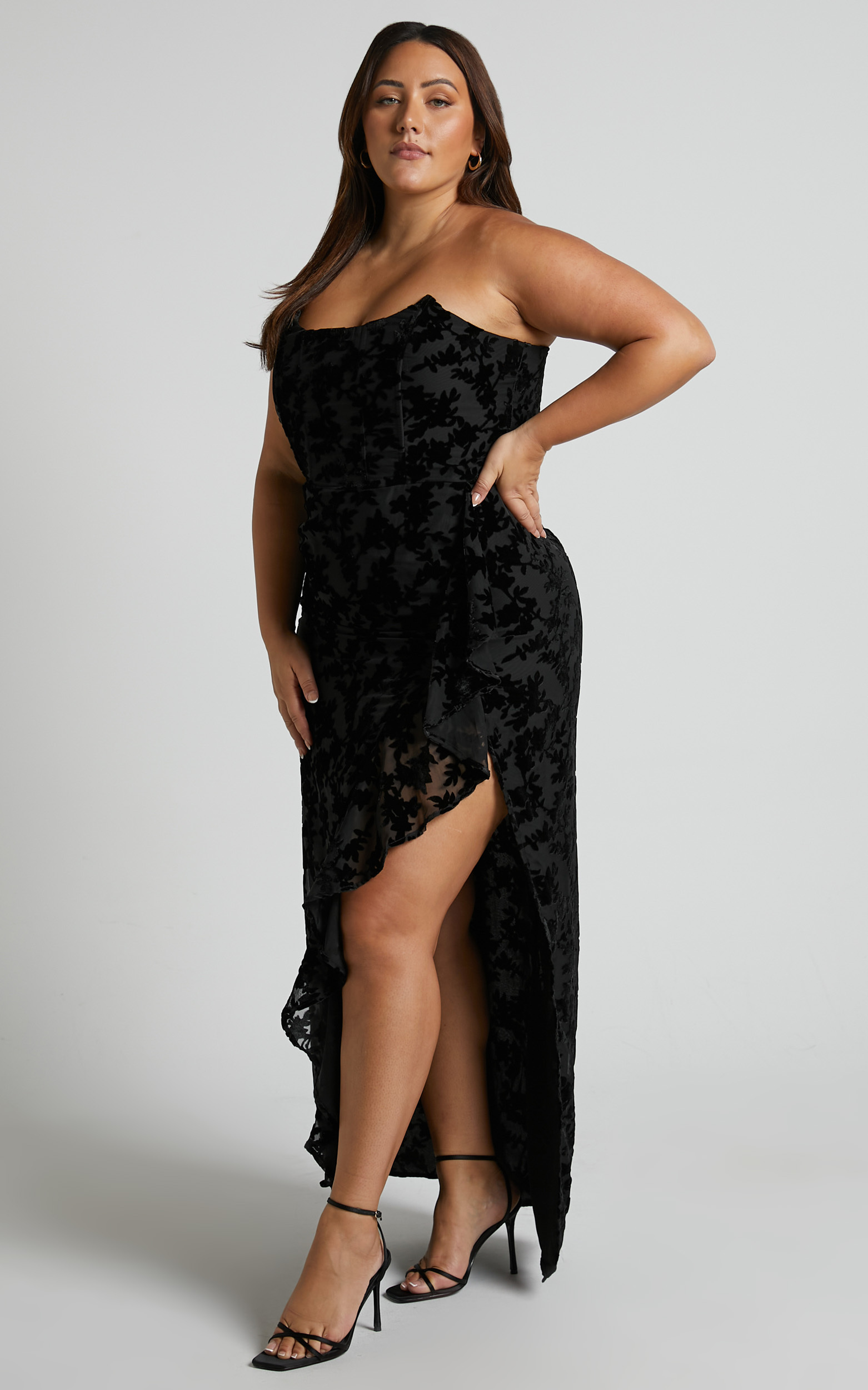 Arisa strapless velvet burnout ruffle maxi dress in Black | Showpo USA