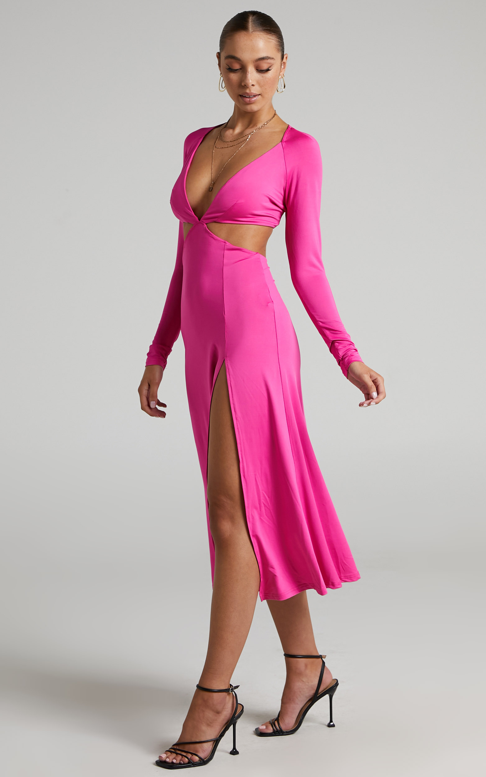 Arleine Front Cut Out Tie Back Long Sleeve Midi Dress in Pink - 06, PNK1, hi-res image number null