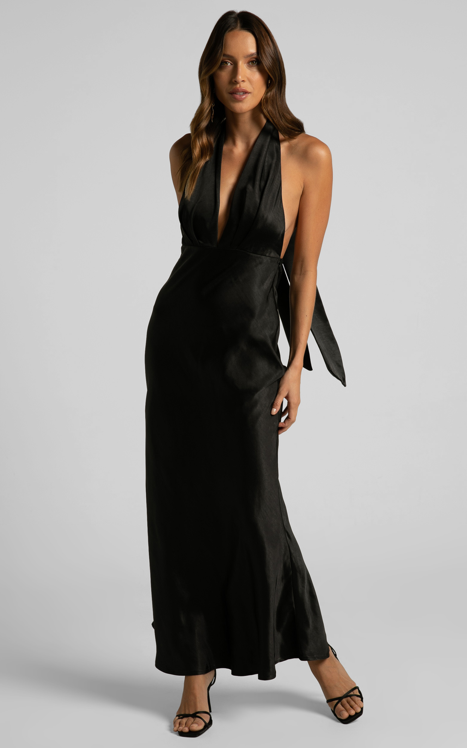 Aiyana Halter Neck Satin Maxi Dress in Black - 06, BLK1, hi-res image number null