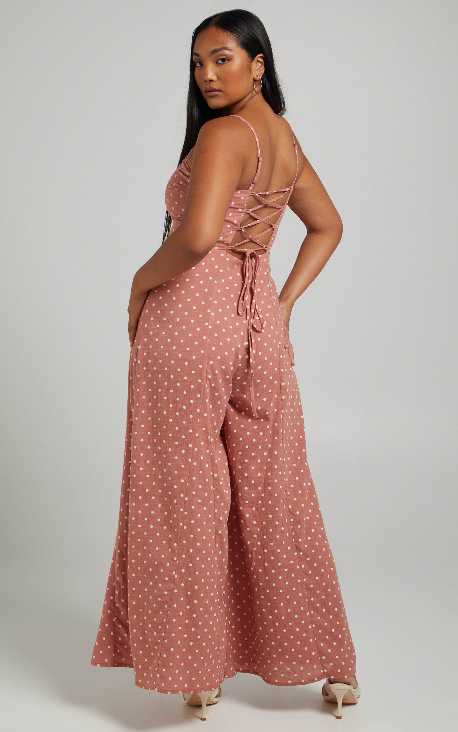 Emmie Tie Back Wide Leg Jumpsuit in Dusty Pink Spot - 06, PNK1, hi-res image number null