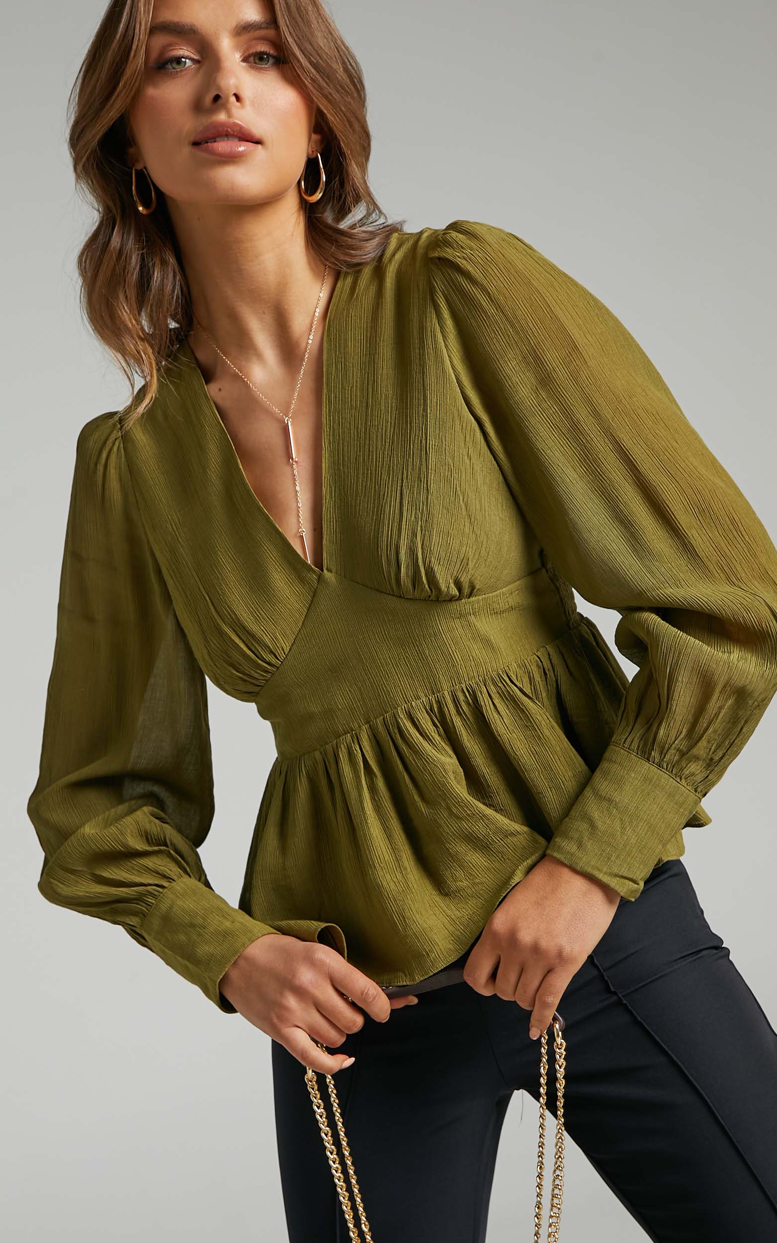 Shyla Balloon Sleeve Peplum Top in Green - 06, GRN1, hi-res image number null