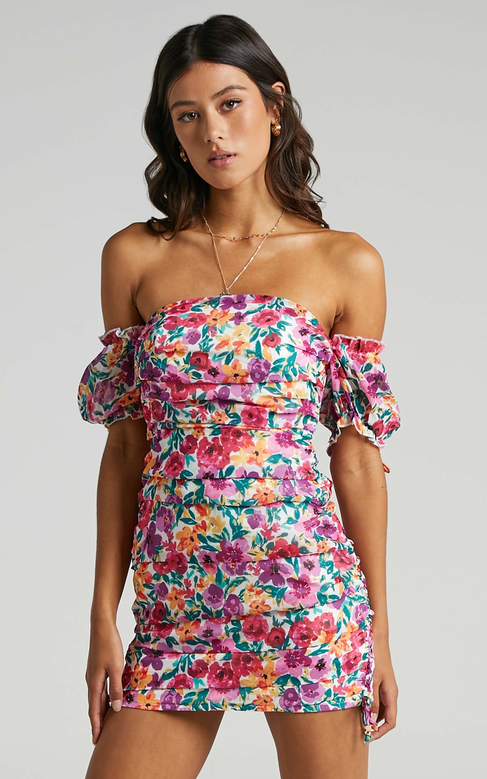 Cant Get You Off My Mind Off The Shoulder Mini Dress in Packed Floral - 06, MLT4, hi-res image number null