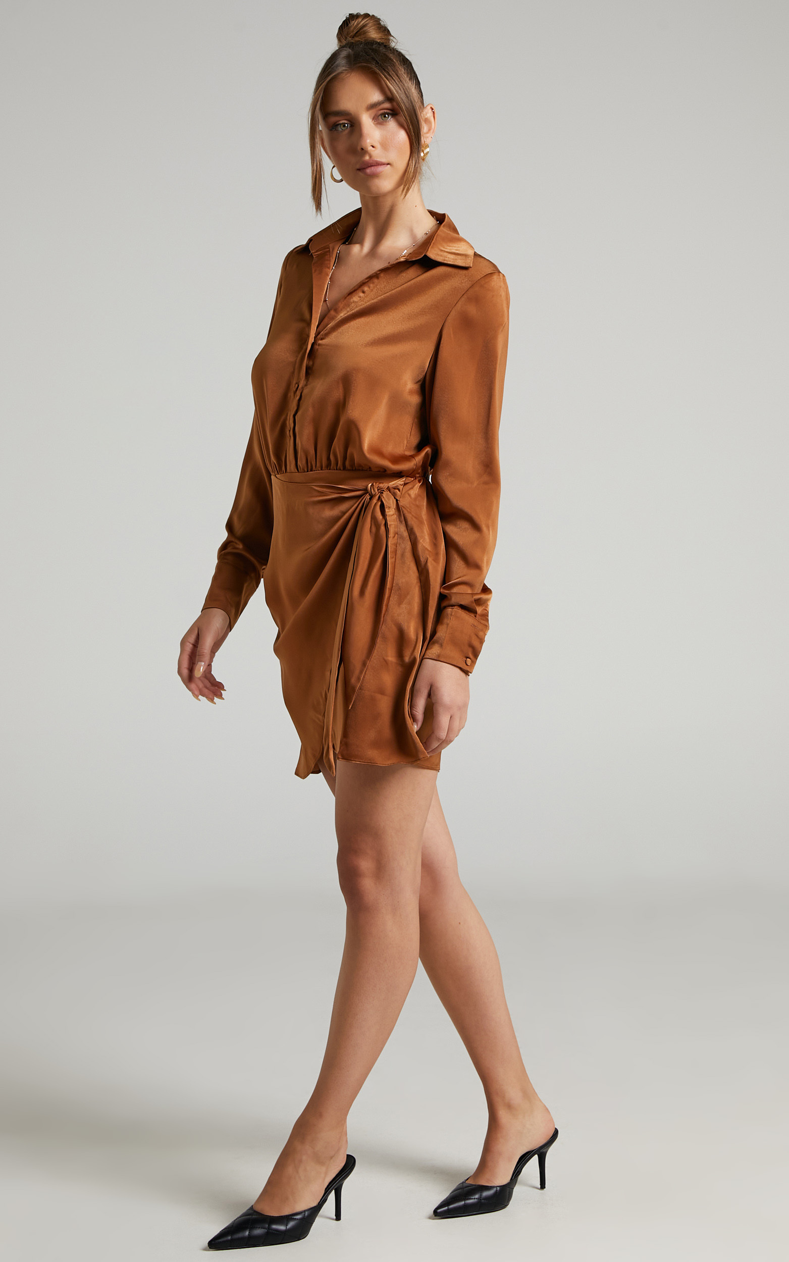Michae Long Sleeve Wrap Front Mini Dress in Rust - 04, BRN1, hi-res image number null