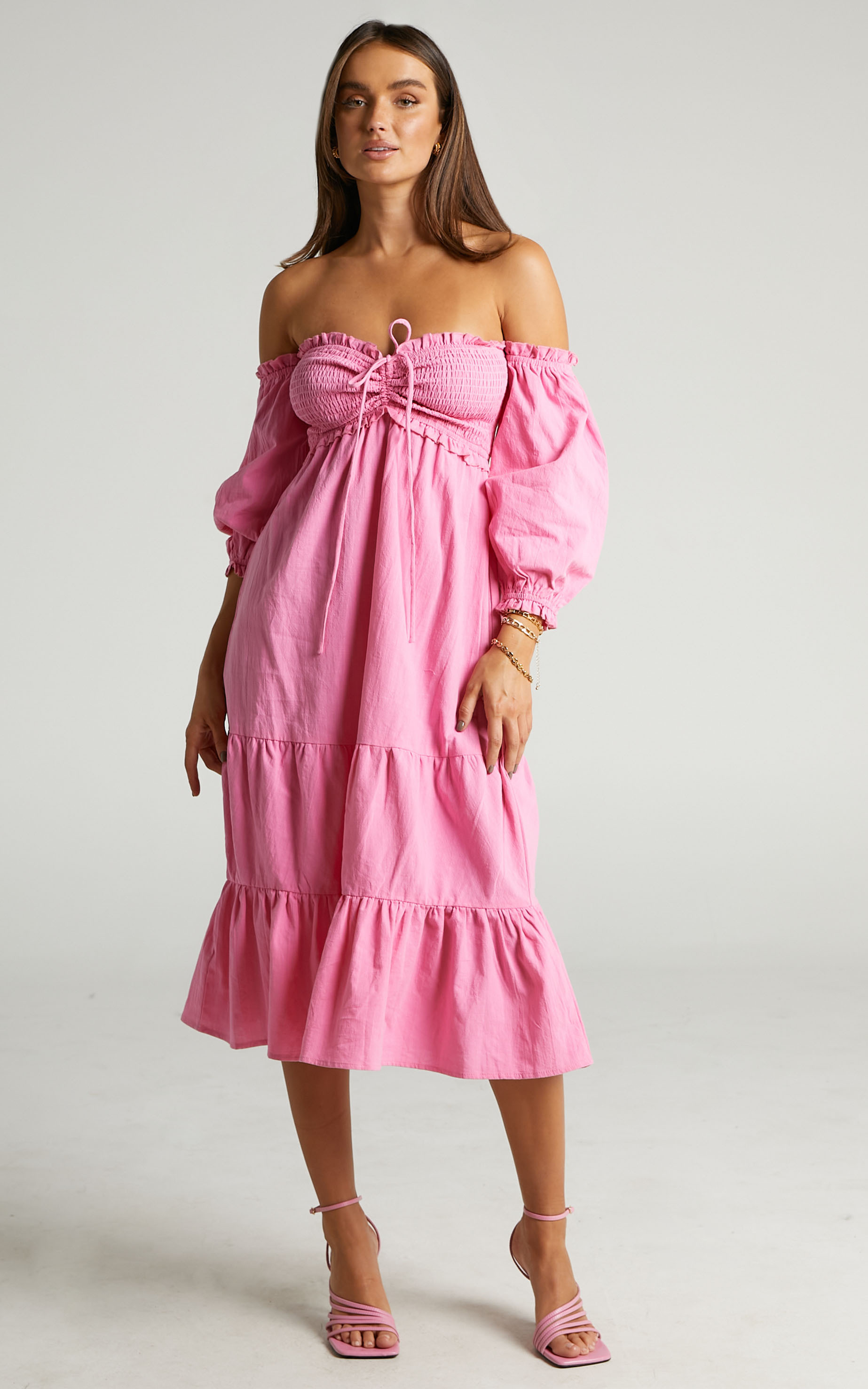 Nikka Shirred Off Shoulder Puff Sleeve Midi Dress in Pink - 04, PNK1, hi-res image number null
