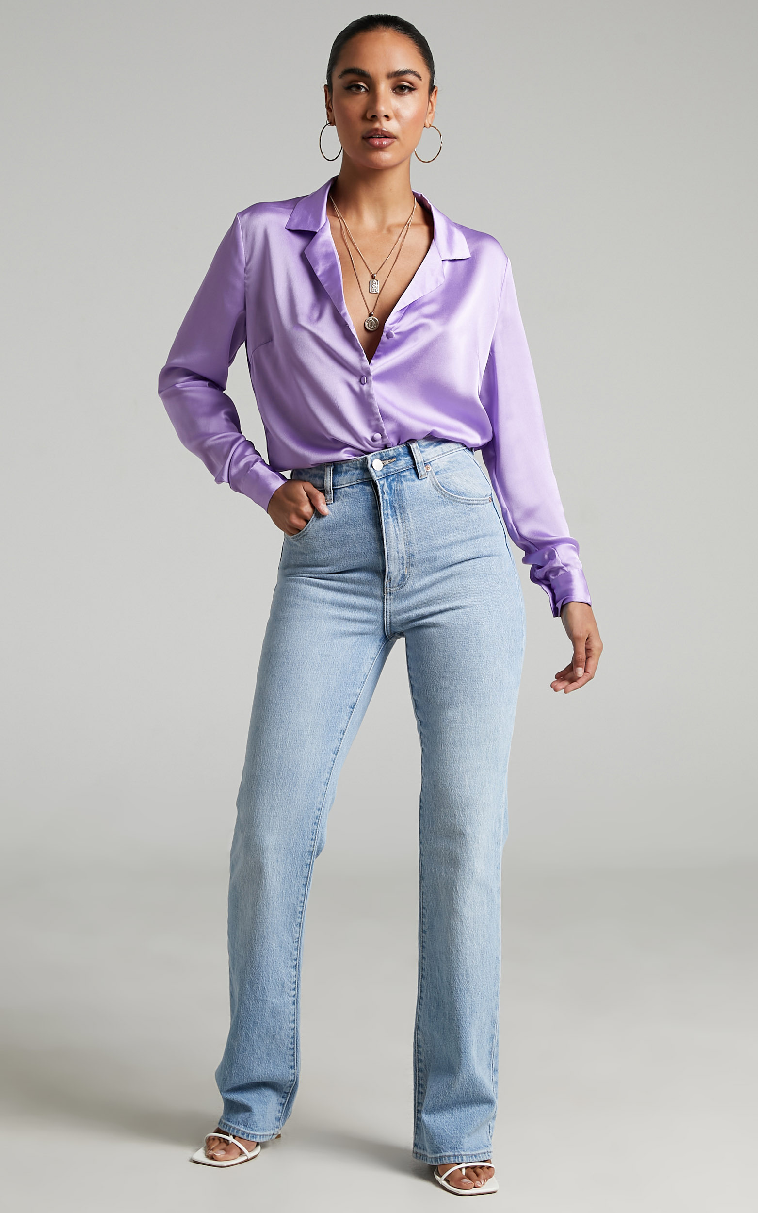Tinna Longsleeve Satin Collared Button Up Shirt in Lilac - 06, PRP2, hi-res image number null