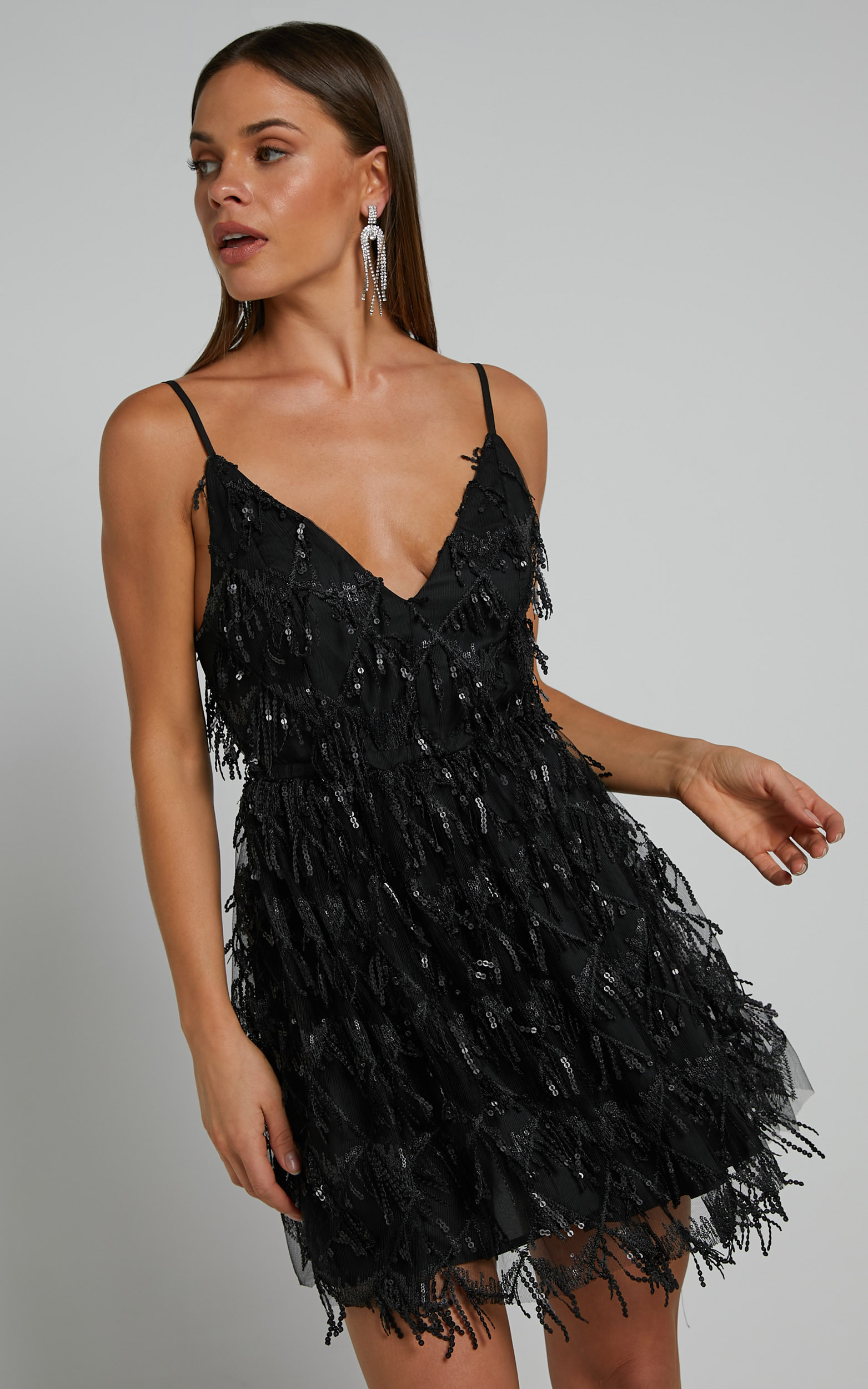 Khrizza Sequin Gathered Mini Dress in Black | Showpo USA
