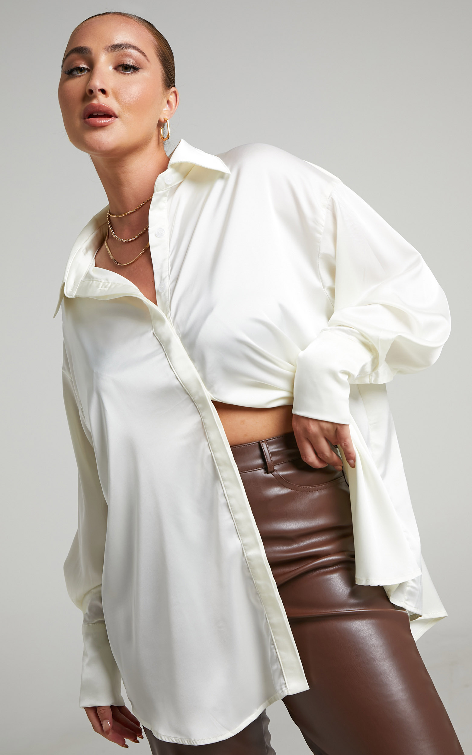 Matheresa Oversized Button Up Satin Shirt in Ivory - 06, WHT2, hi-res image number null
