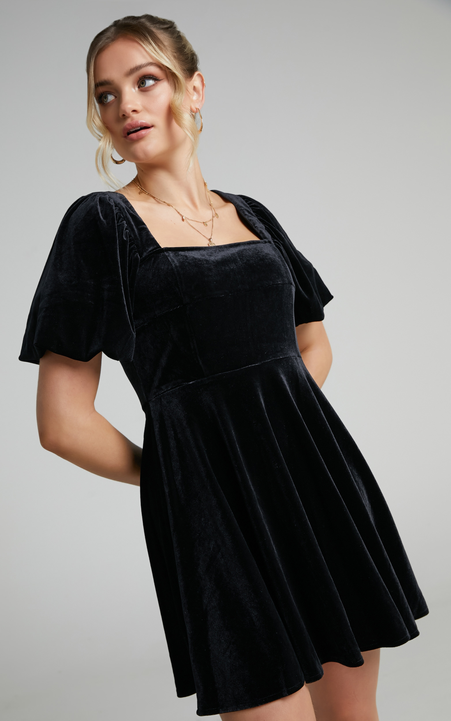 Andi Square Neck Puff Sleeve Mini Dress in Black Velvet - 06, BLK1, hi-res image number null