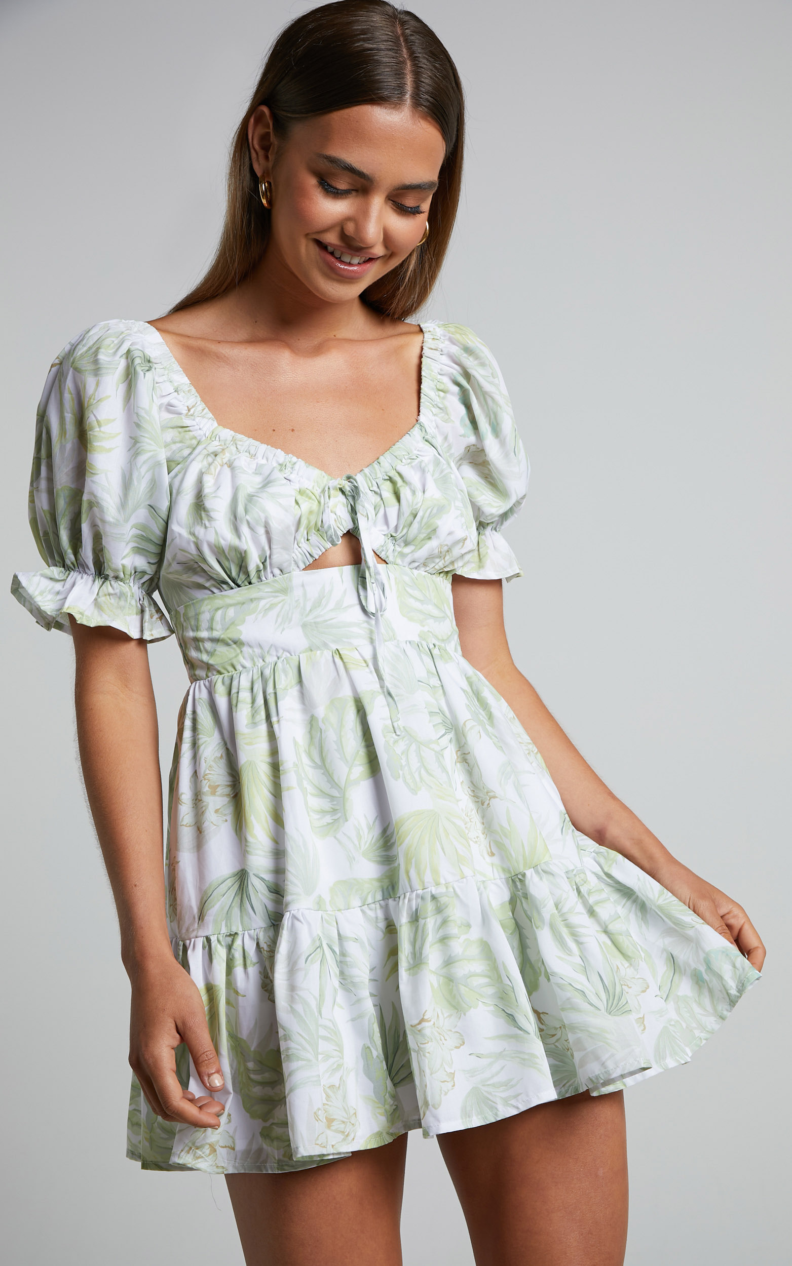 Jorina Mini Dress - Puff Sleeve Cut Out Dress in TROPICAL PALM - 04, MLT1, hi-res image number null
