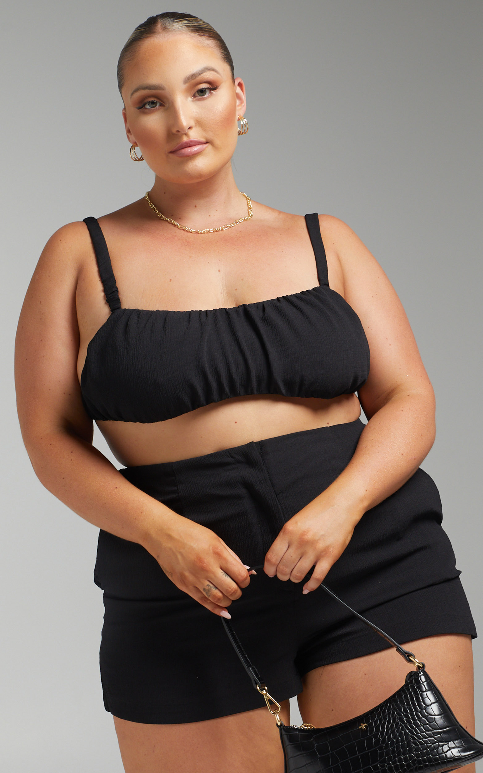 Jacynthia Ruched Crop Top and Tailored Short Set in Black - 06, BLK1, hi-res image number null