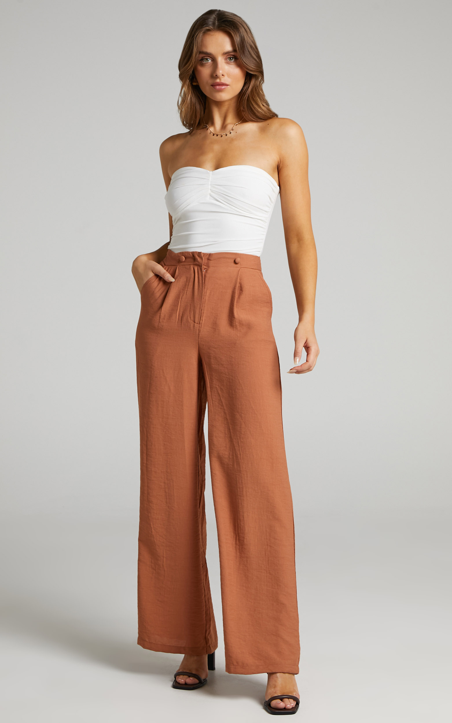 Nathan Double Button Pleated Wide Leg Pant in Brown Linen - 06, BRN1, hi-res image number null