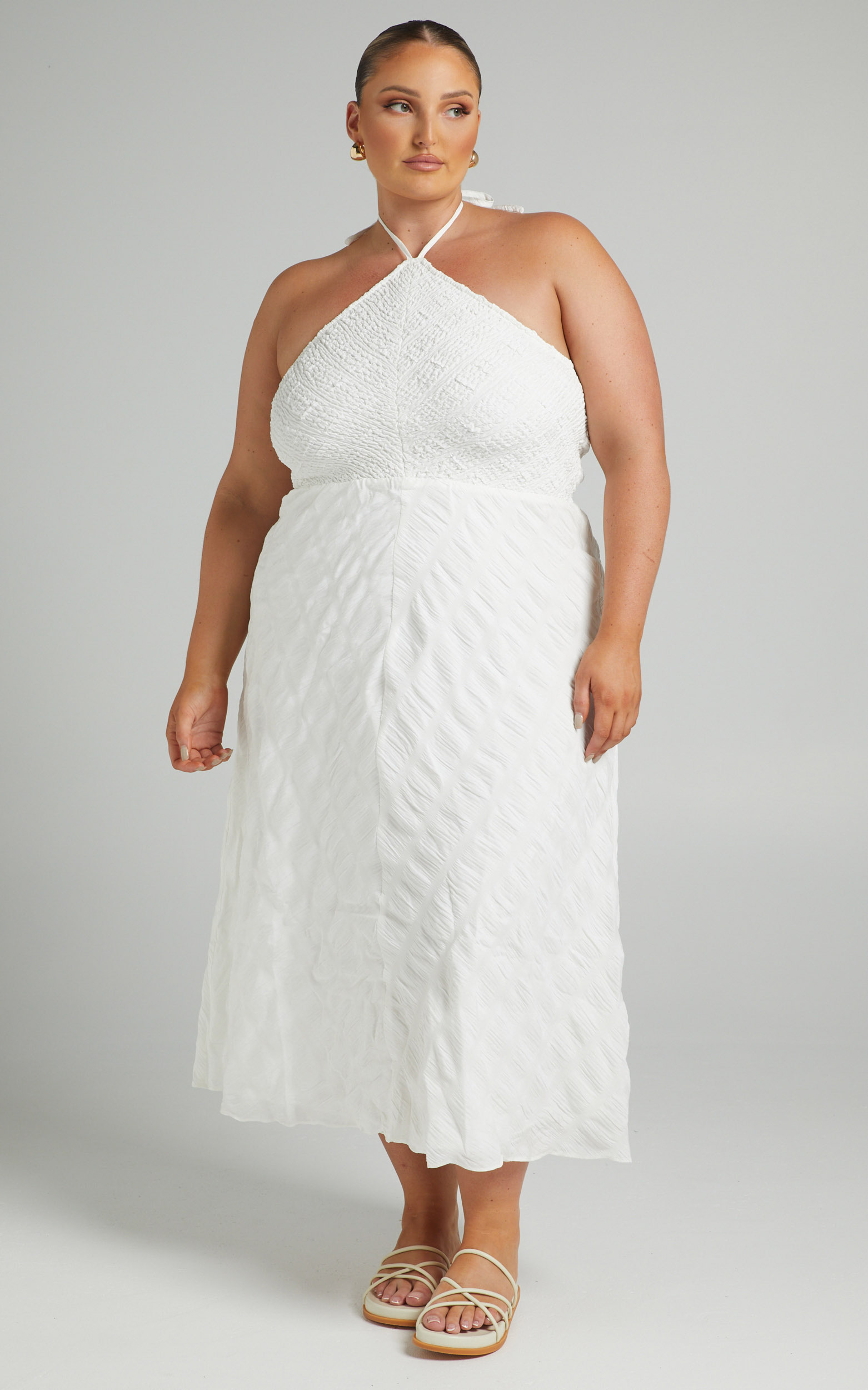 Amor Diamond Halter Shirred Bodice Midi Dress in White - 06, WHT1, hi-res image number null
