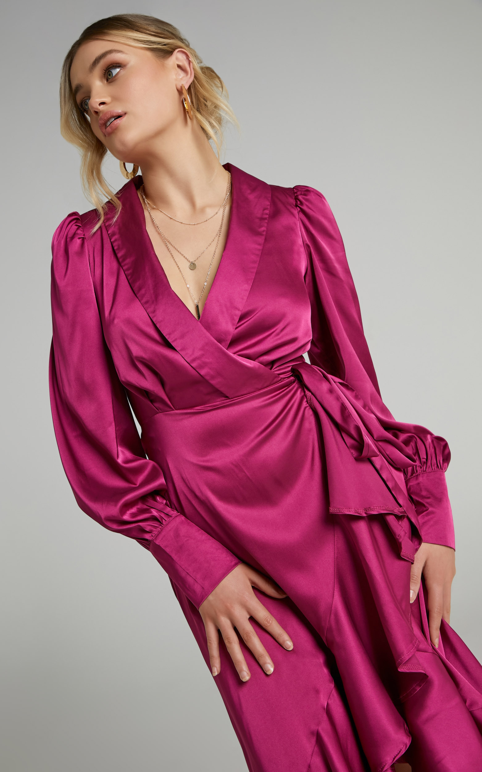 Rada Long Sleeve Frill Wrap Midi Dress in Berry - 04, PNK2, hi-res image number null