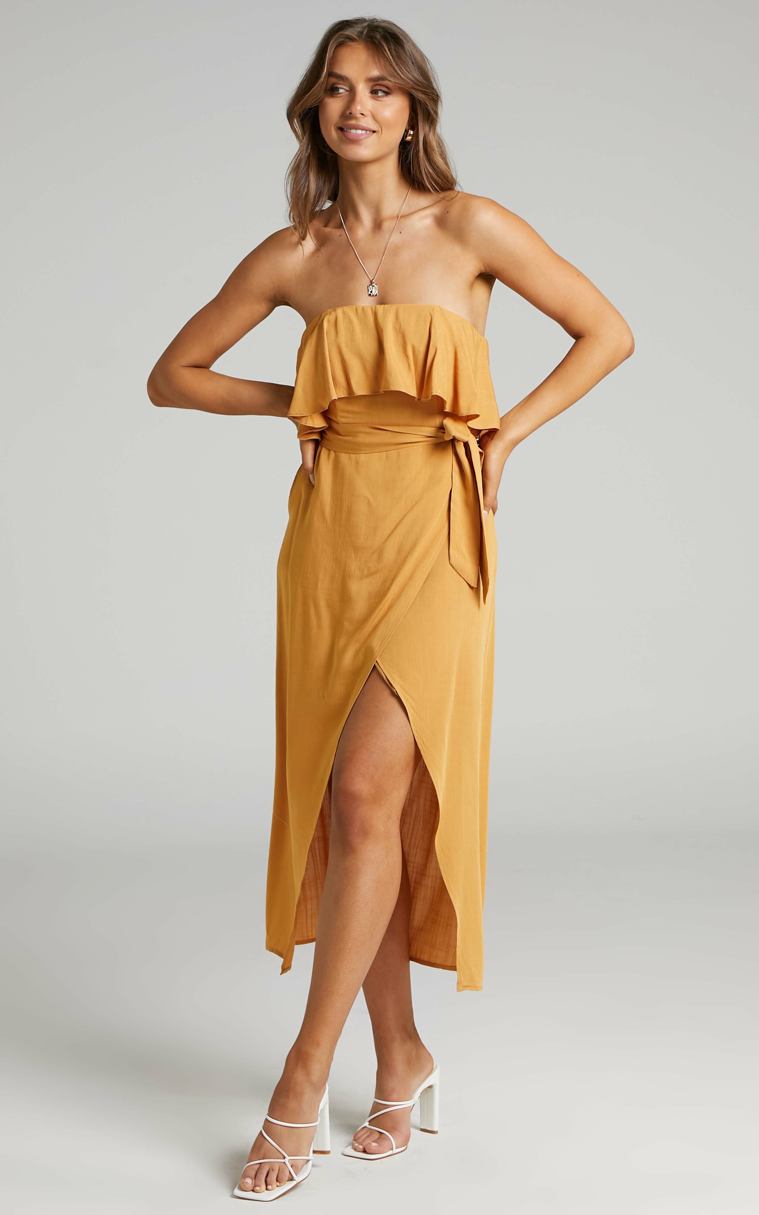 Lulu Strapless Midi Wrap Dress in Mustard | Showpo EU