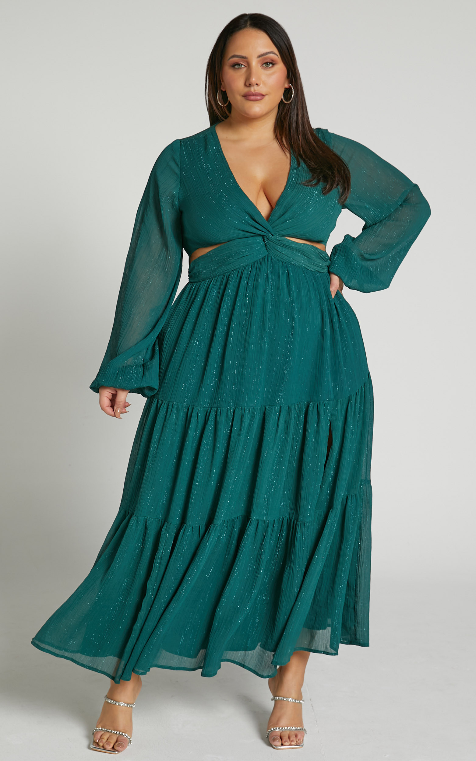 Edelyn Midi Dress - Cut Out Balloon Sleeve Tiered Dress in Emerald ...