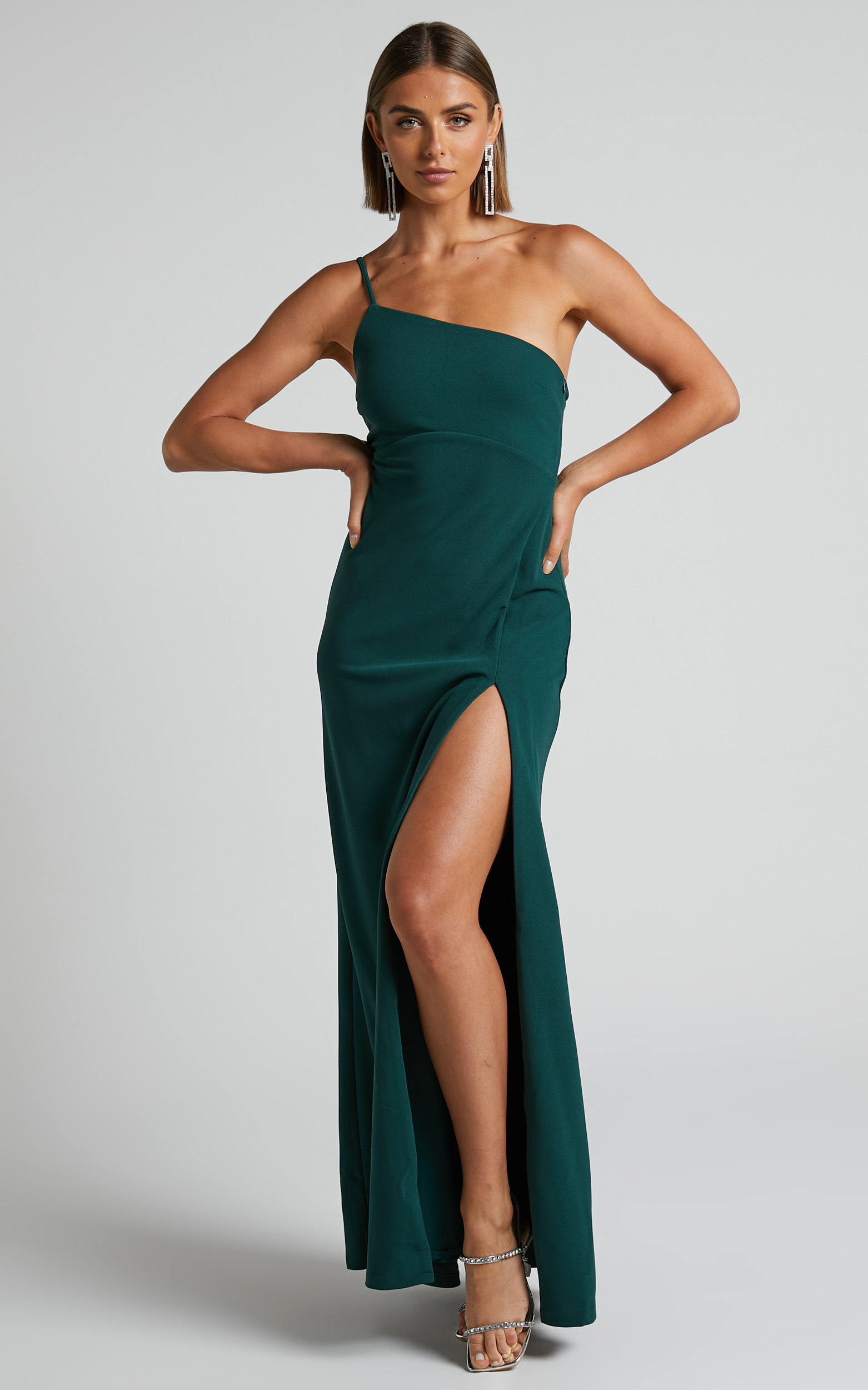 Magnaye Maxi Dress - One Shoulder Thigh Split Dress in Emerald - 06, GRN1, hi-res image number null