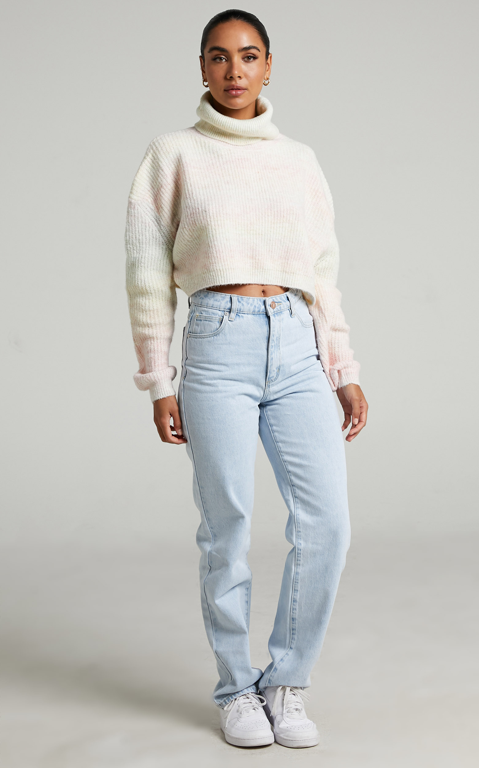 Maureen Cropped Turtle Neck Knit Sweater in Pink Multi - M/L, PNK1, hi-res image number null
