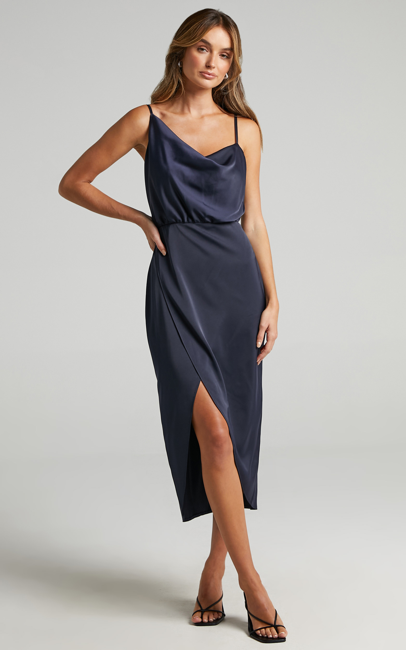 Sisters by Heart Asymmetric Cowl Neck Midi Dress in Navy Satin - 06, NVY4, hi-res image number null