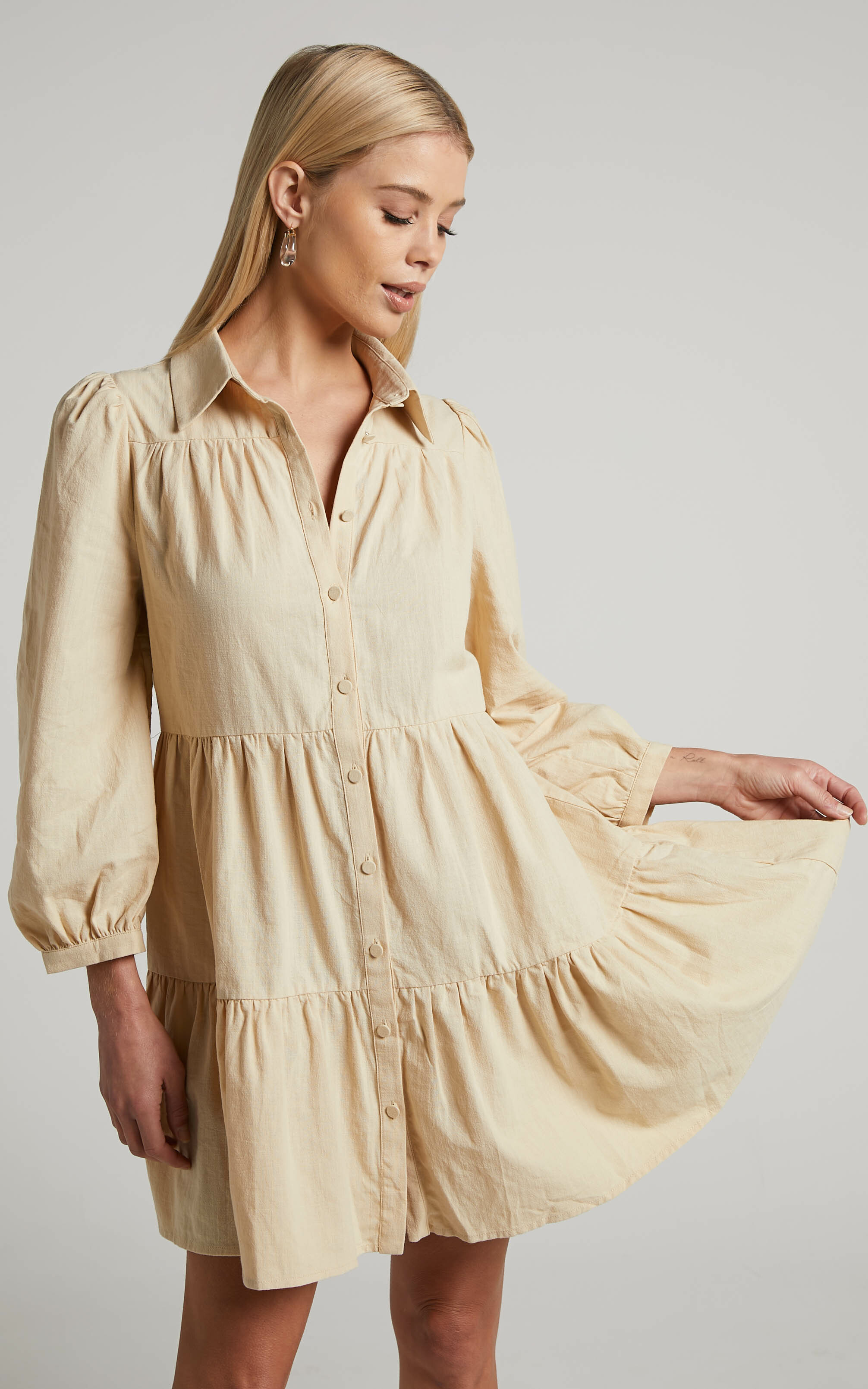 Chalmer Mini Dress - Tiered Long Sleeve Shirt Dress in Sand - 04, NEU1, hi-res image number null