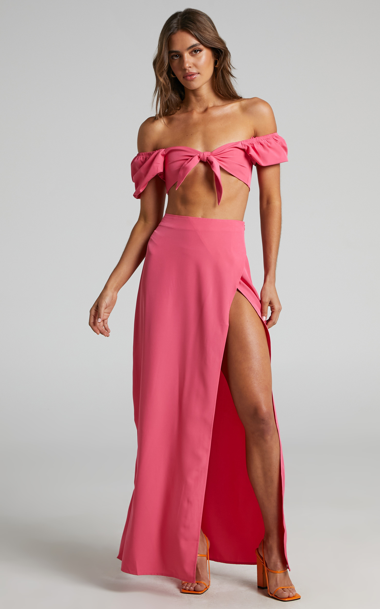 Cyria Tie Front Puff Sleeve Crop Top and Maxi Skirt Two Piece Set in Pink - 04, PNK1, hi-res image number null