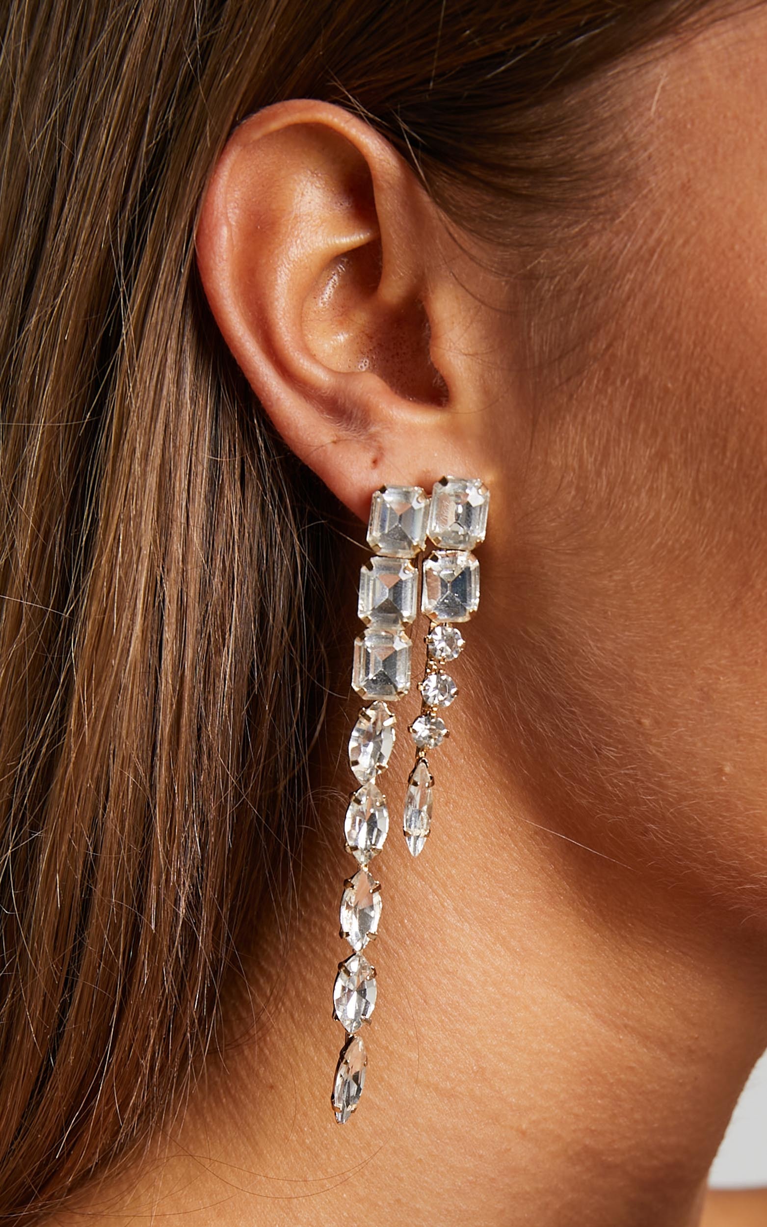 Aelinor Earrings - Asymmetric Gemstone Drop Earrings in Gold Diamante - NoSize, GLD2, hi-res image number null