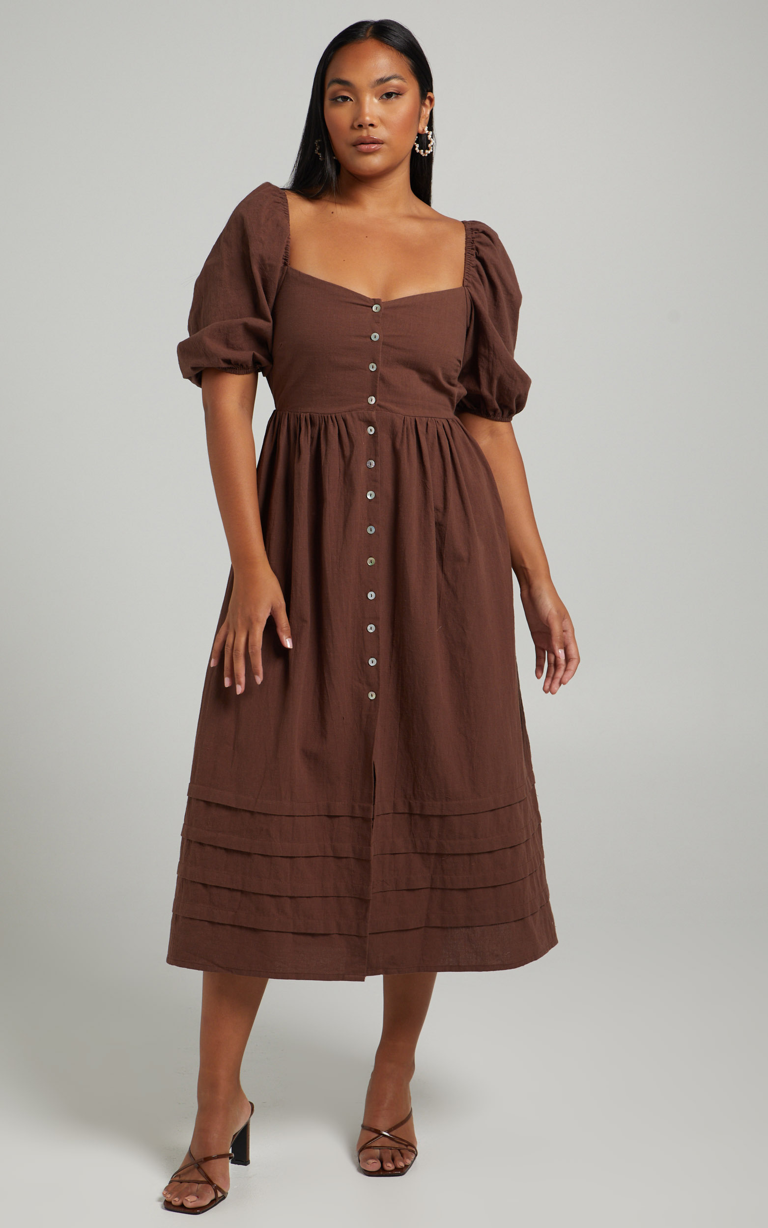 Carmena Puff Sleeve Open Back Midi Dress in Chocolate - 06, BRN1, hi-res image number null