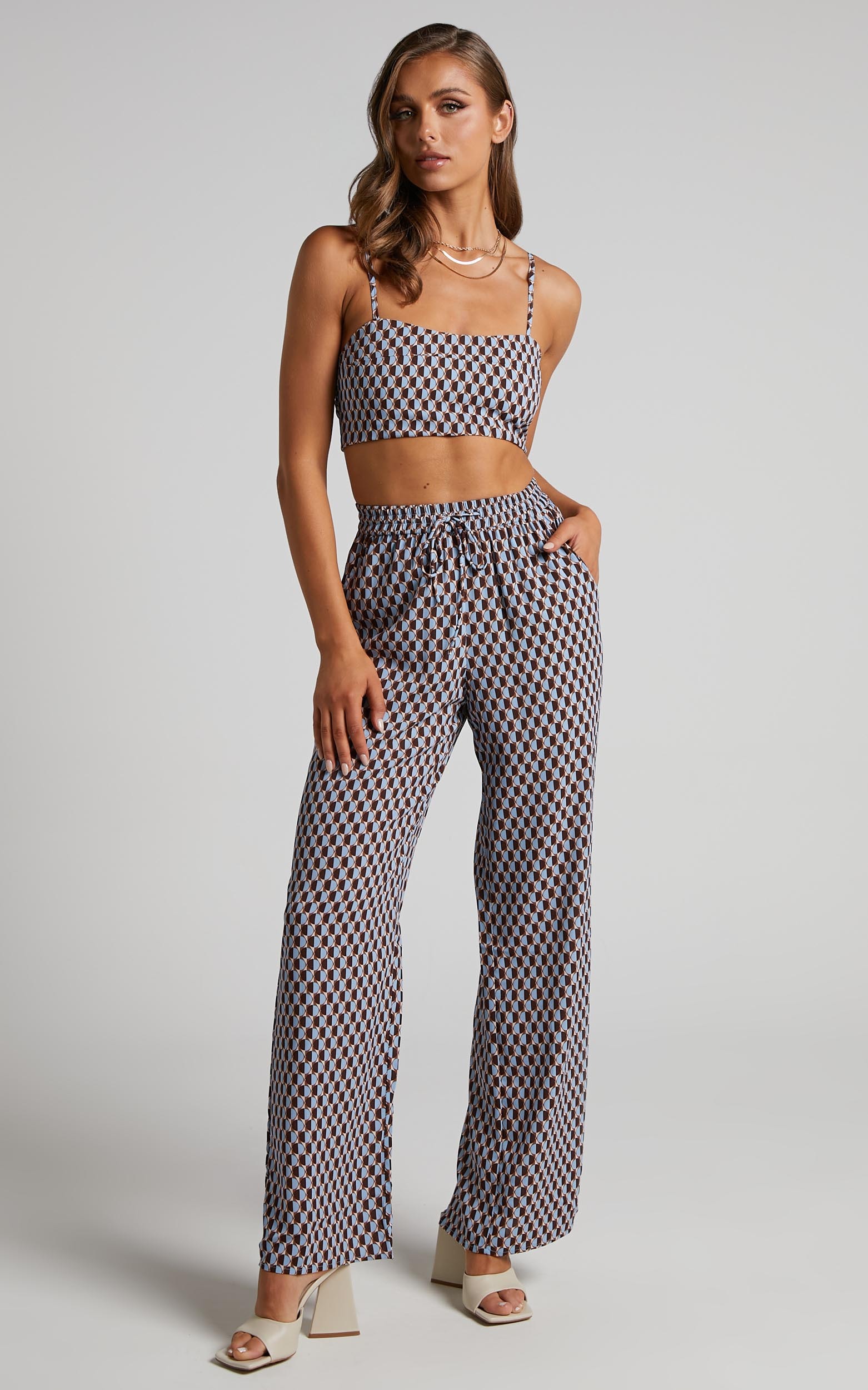 Rosetti Mid Waisted  Elastic Waist Relaxed Pants in Blue Geo - 04, BLU1, hi-res image number null
