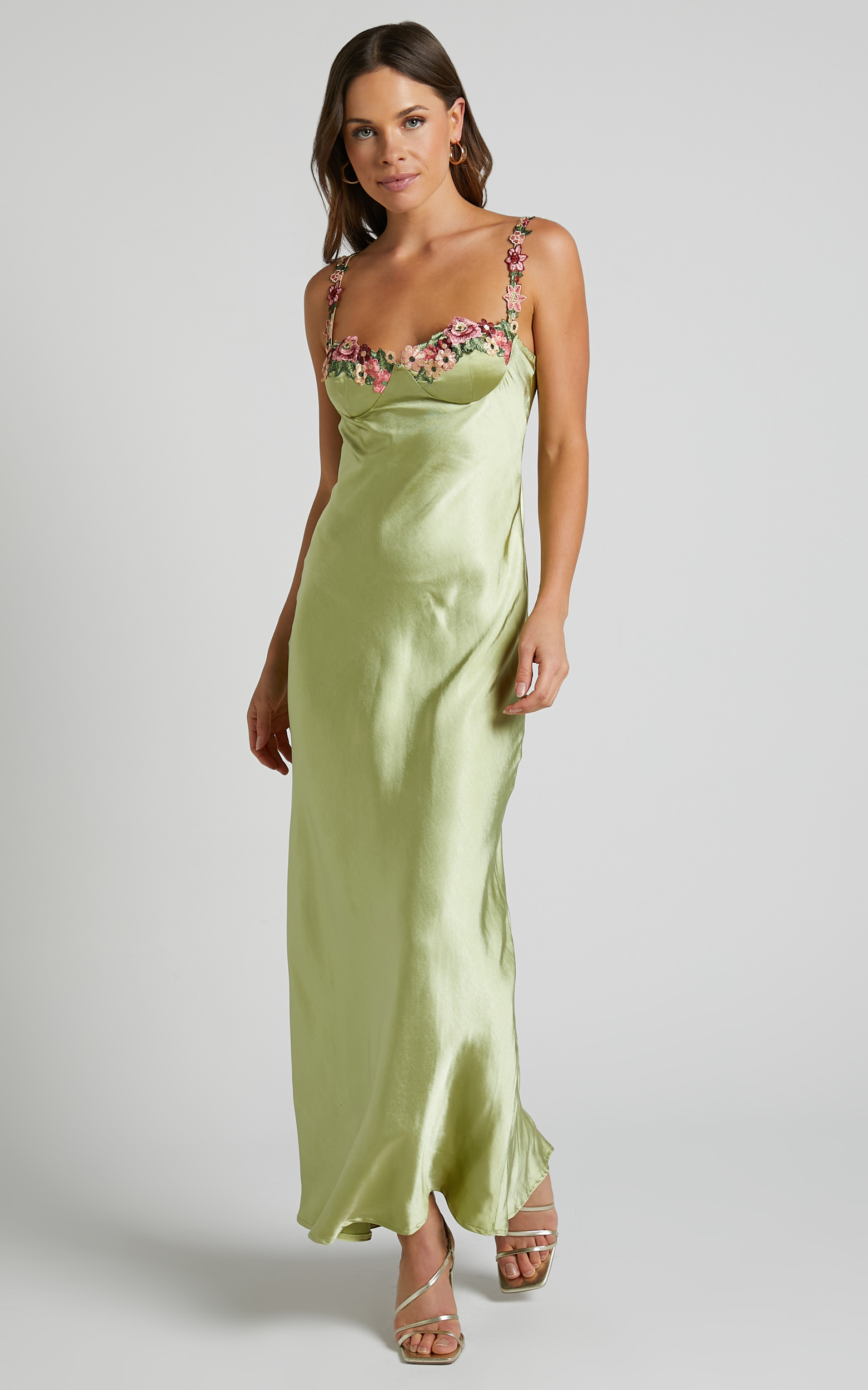 Harmony Floral Detail Cup Bust Satin Maxi Dress in Citrus | Showpo
