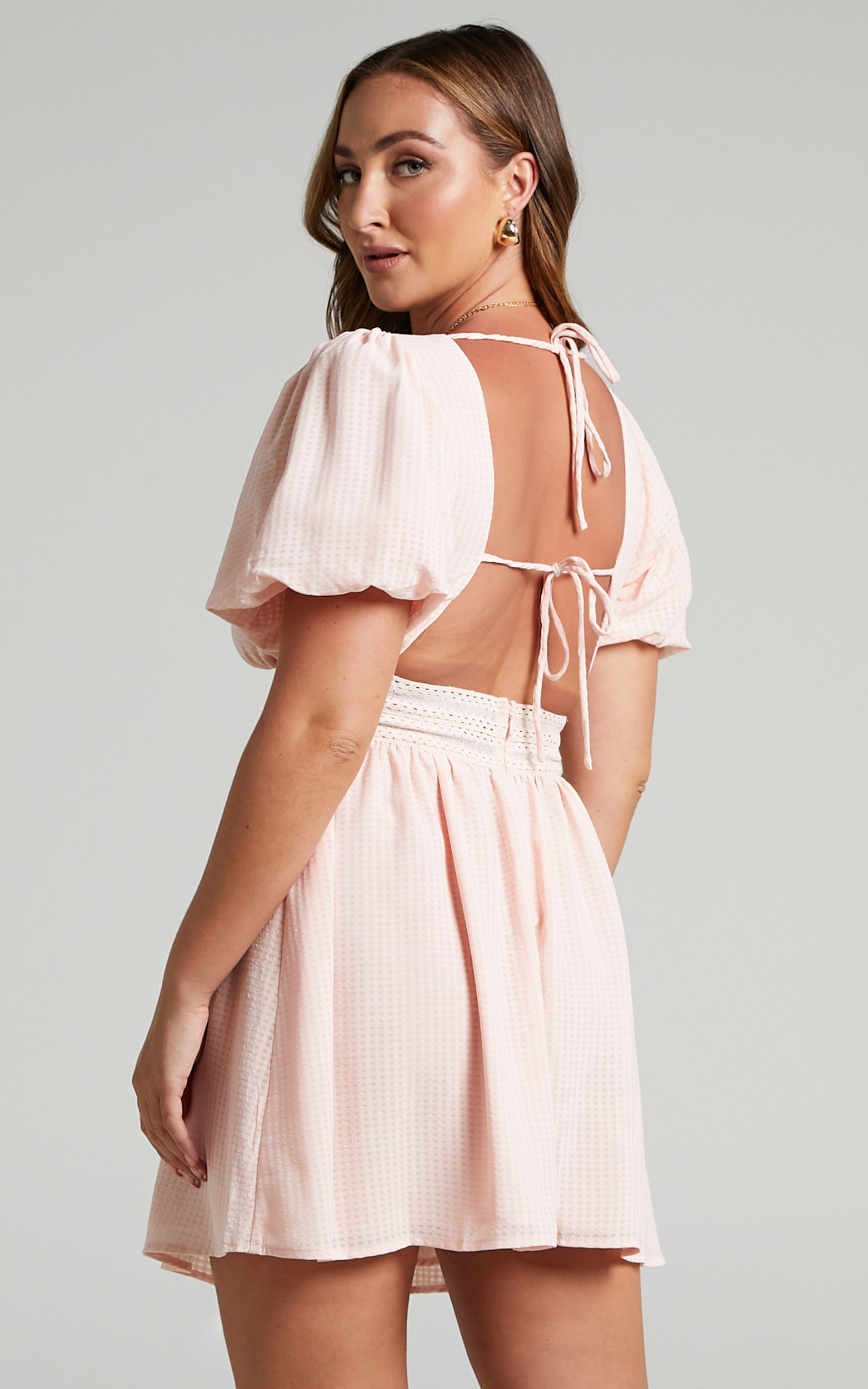 Earlena Puff Sleeve Open Back Mini Dress in Pale Pink - 06, PNK1, hi-res image number null