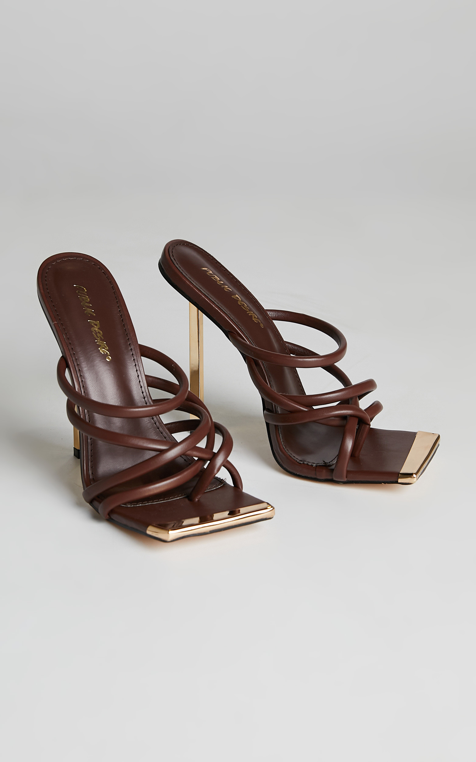 Public Desire - Coincidence Strappy Square Toe Metallic Stiletto Heels in Chocolate - 05, BRN2, hi-res image number null