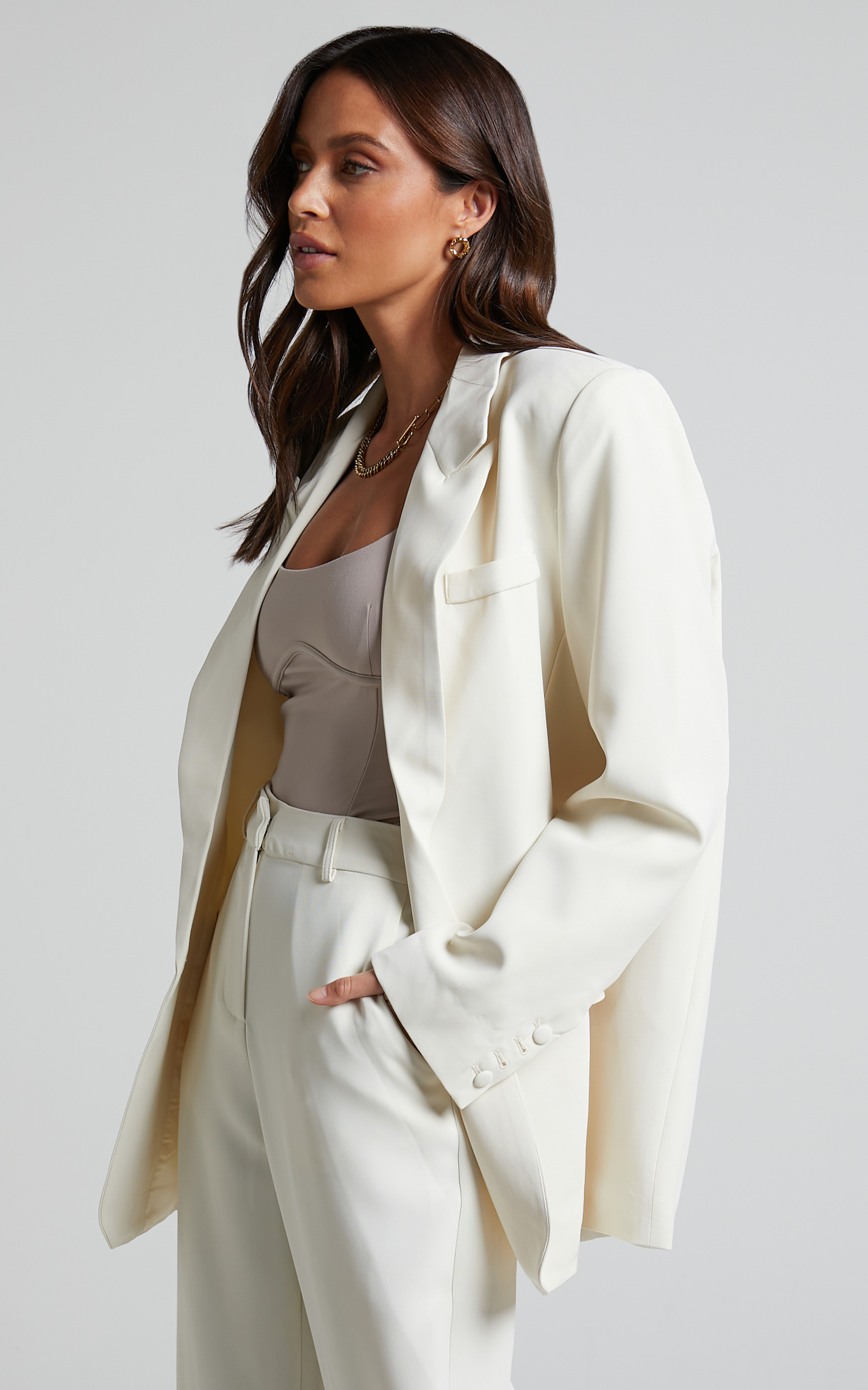 Michelle Oversized Plunge Neck Button Up Blazer in Stone | Showpo